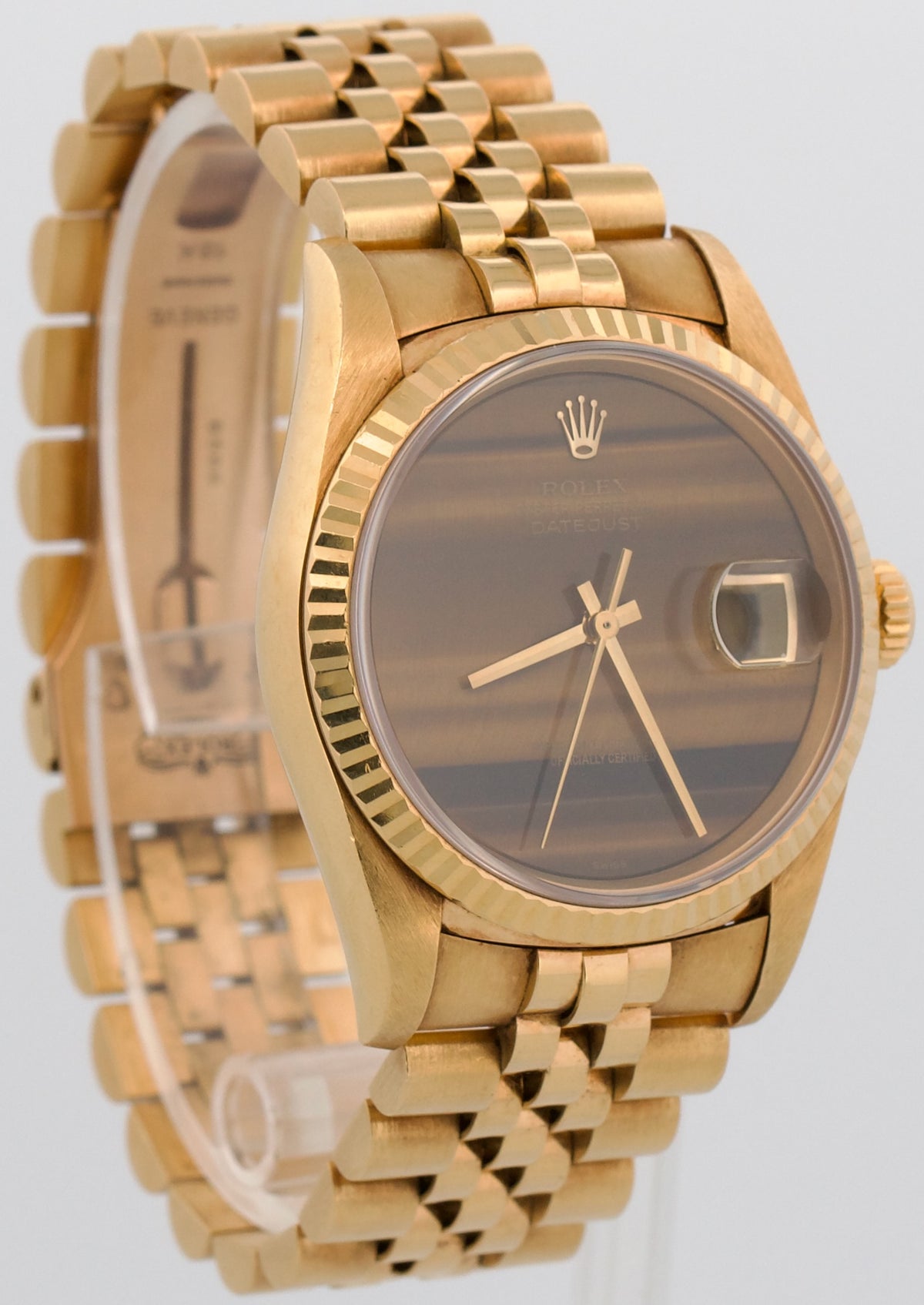 Unpolished Rolex DateJust 16238 36mm Tiger Eye 18K Yellow Gold Jubilee Watch