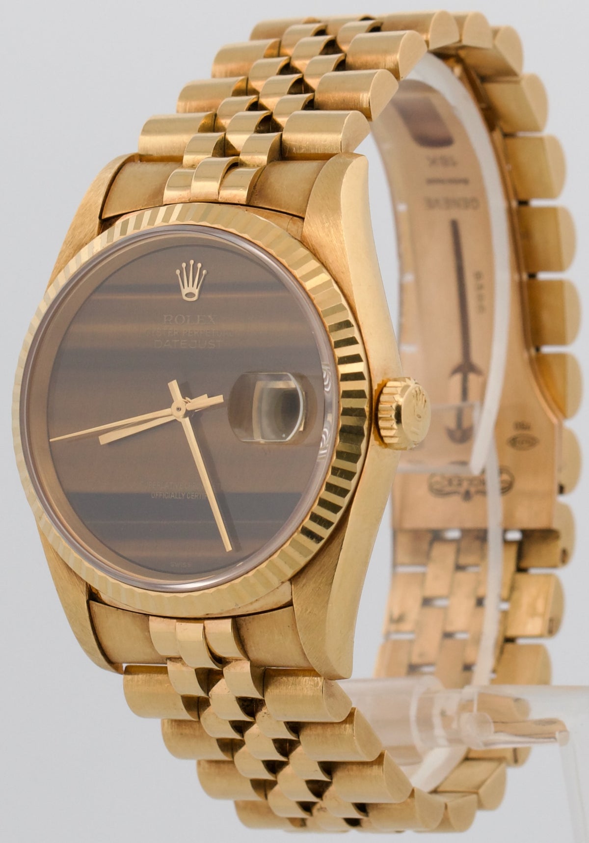 Unpolished Rolex DateJust 16238 36mm Tiger Eye 18K Yellow Gold Jubilee Watch