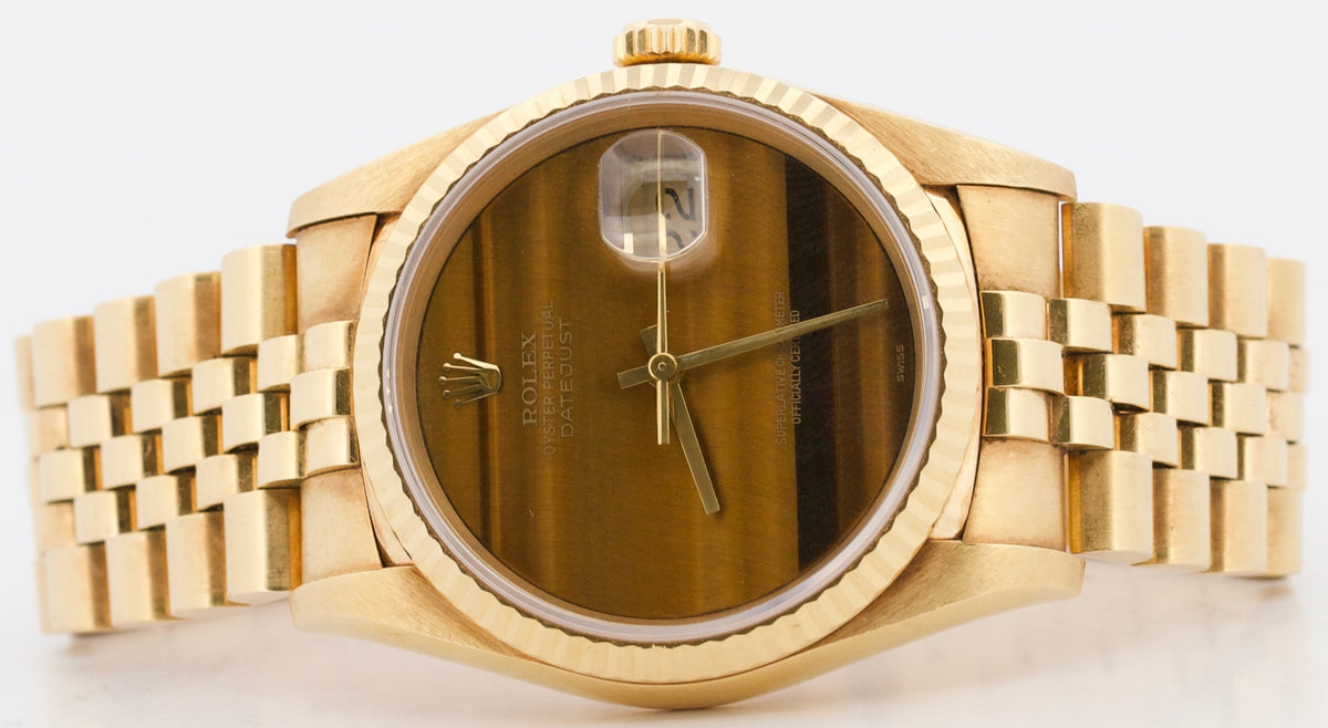 Unpolished Rolex DateJust 16238 36mm Tiger Eye 18K Yellow Gold Jubilee Watch