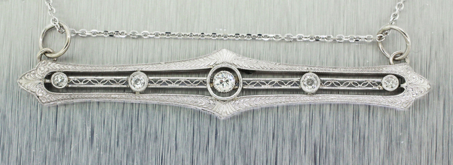 Antique Art Deco 0.45ctw Diamond Filigree Bar Pendant - 14k White Gold Necklace