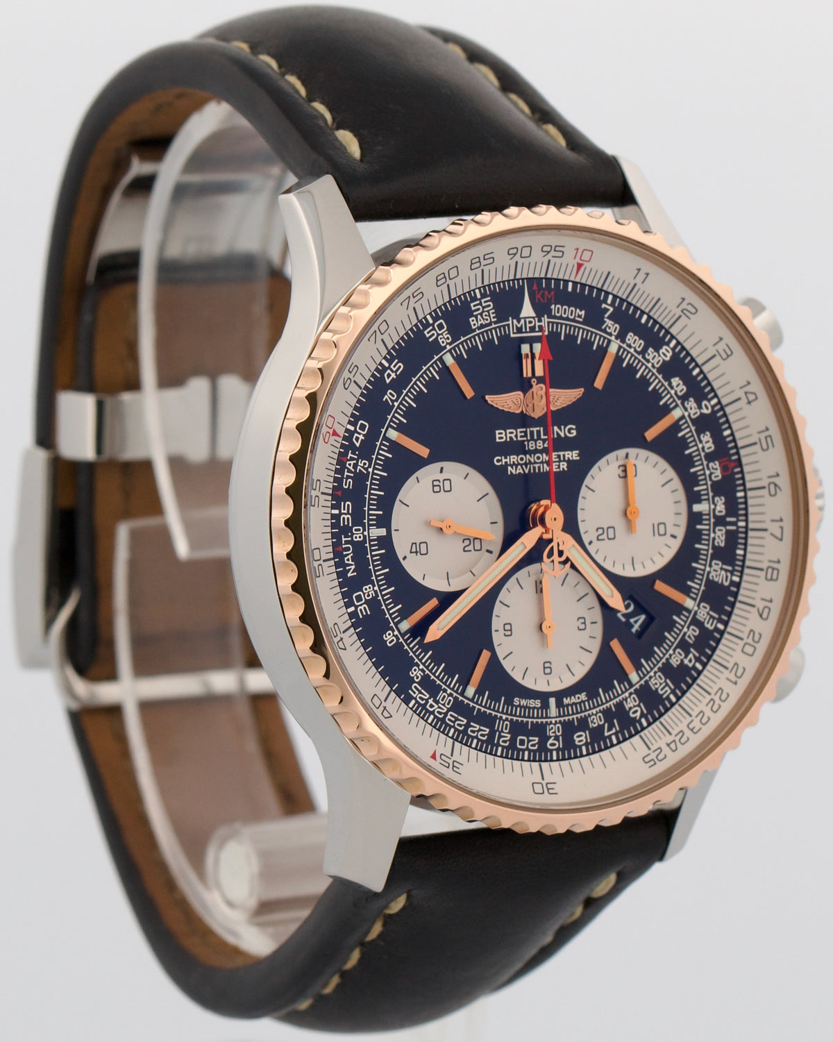 Breitling Navitimer UB0127 Black Stainless Steel 18K Rose Gold Leather 46mm Box