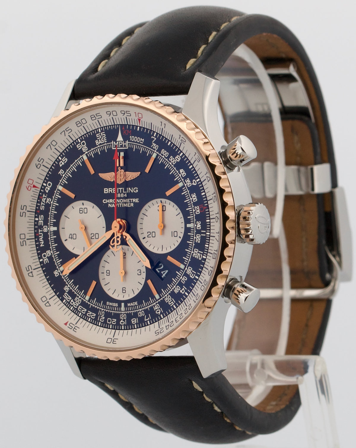 Breitling Navitimer UB0127 Black Stainless Steel 18K Rose Gold Leather 46mm Box