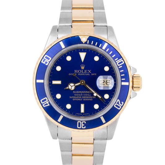 Rolex Submariner Date BLUE 18K Yellow Gold Stainless Steel 40mm 16803 Watch