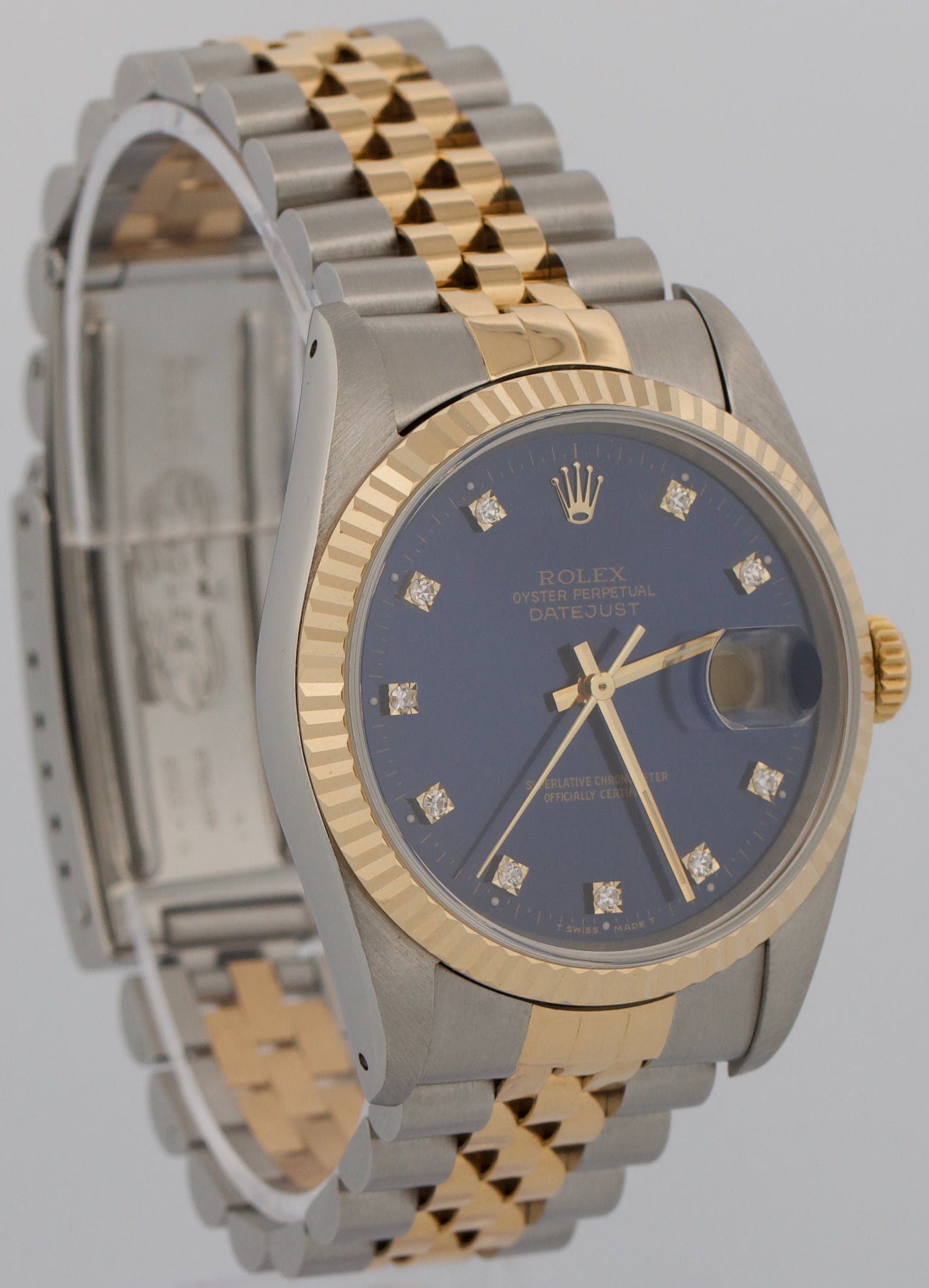 1989 PAPERS Rolex DateJust 36mm FACTORY BLUE DIAMOND Steel JUBILEE 18K 16233 BOX