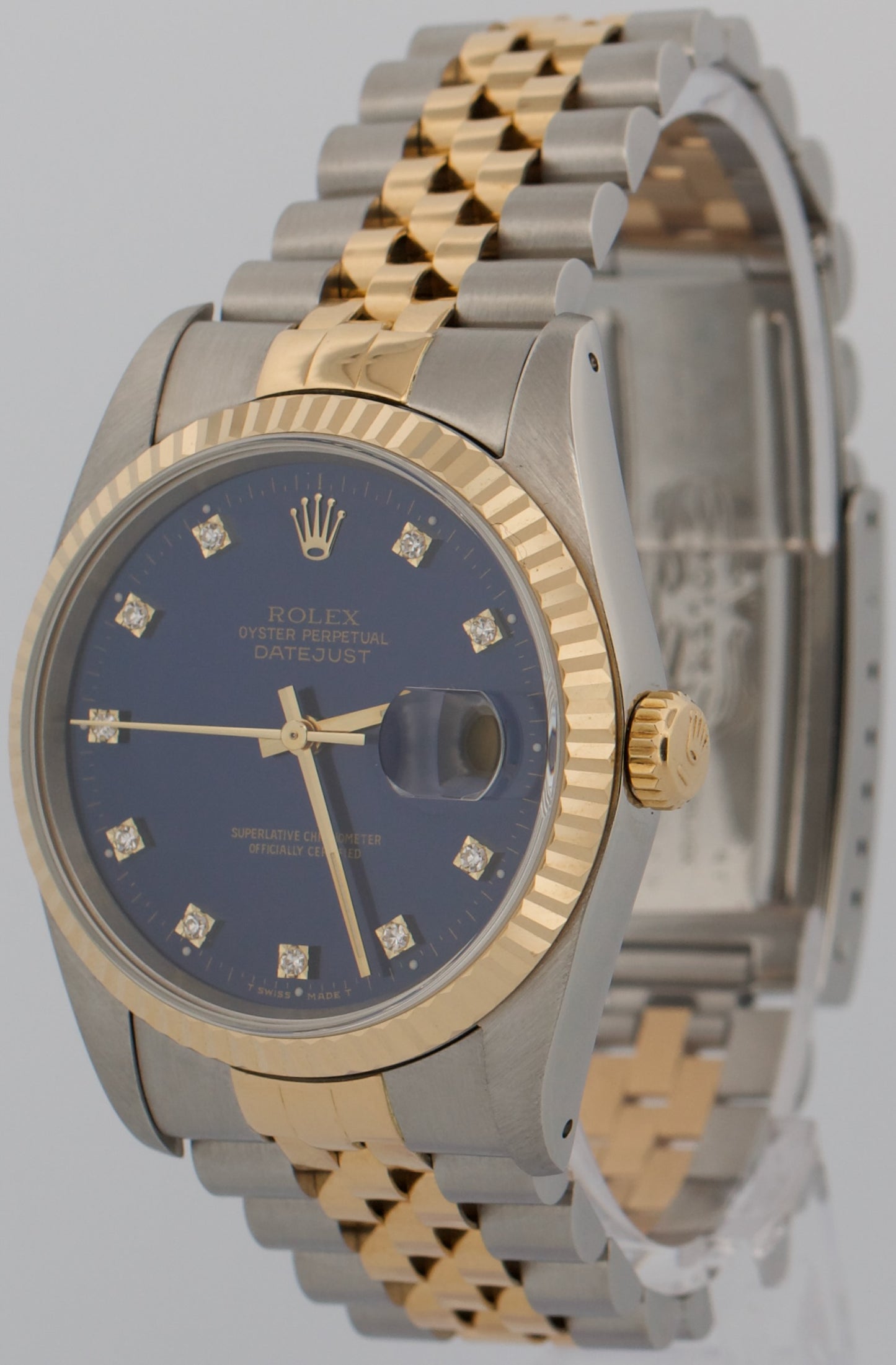 1989 PAPERS Rolex DateJust 36mm FACTORY BLUE DIAMOND Steel JUBILEE 18K 16233 BOX