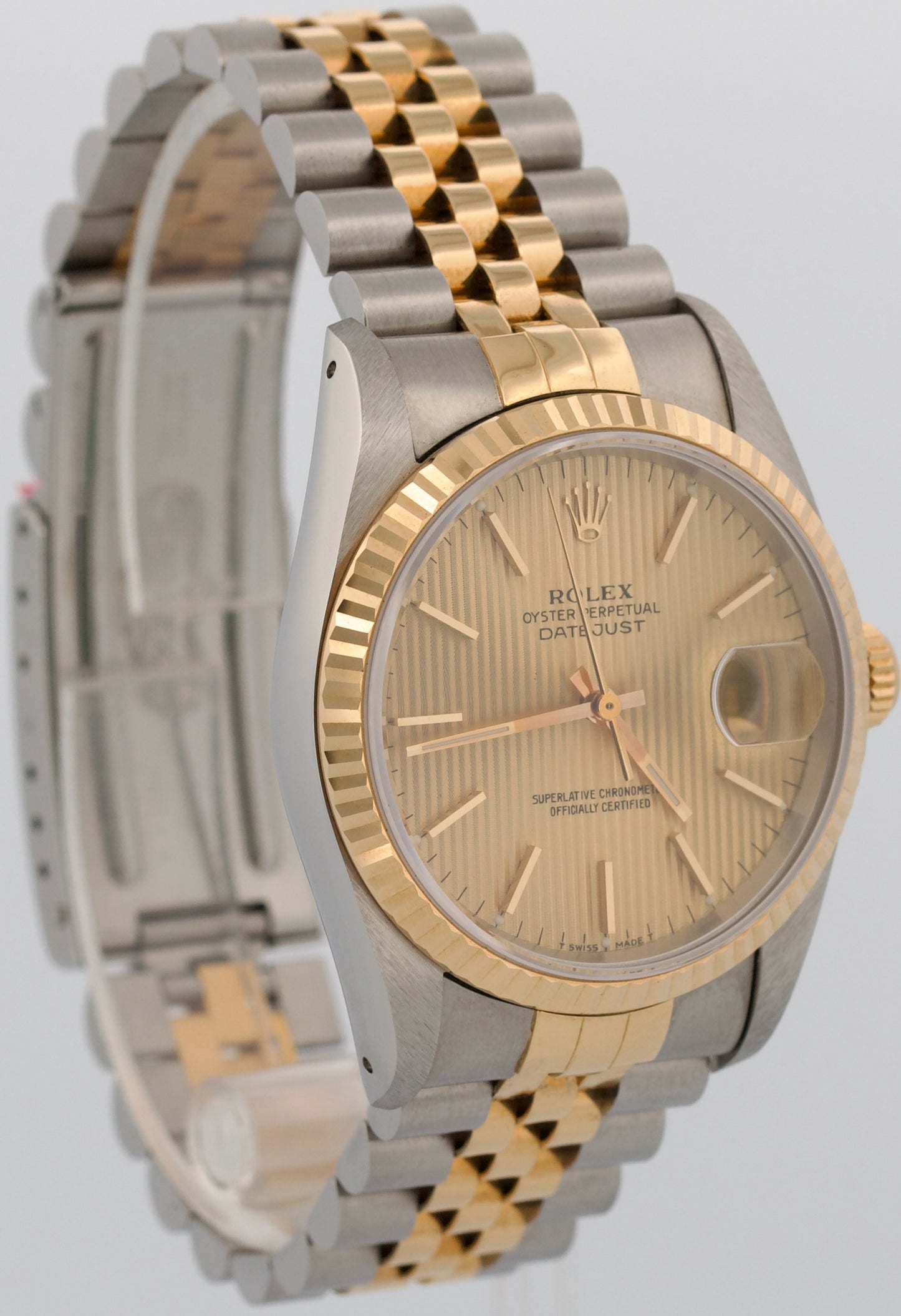 NOS 1993 PAPERS Rolex DateJust 36mm CHAMPAGNE TAPESTRY JUBILEE 18K 16233 BOX