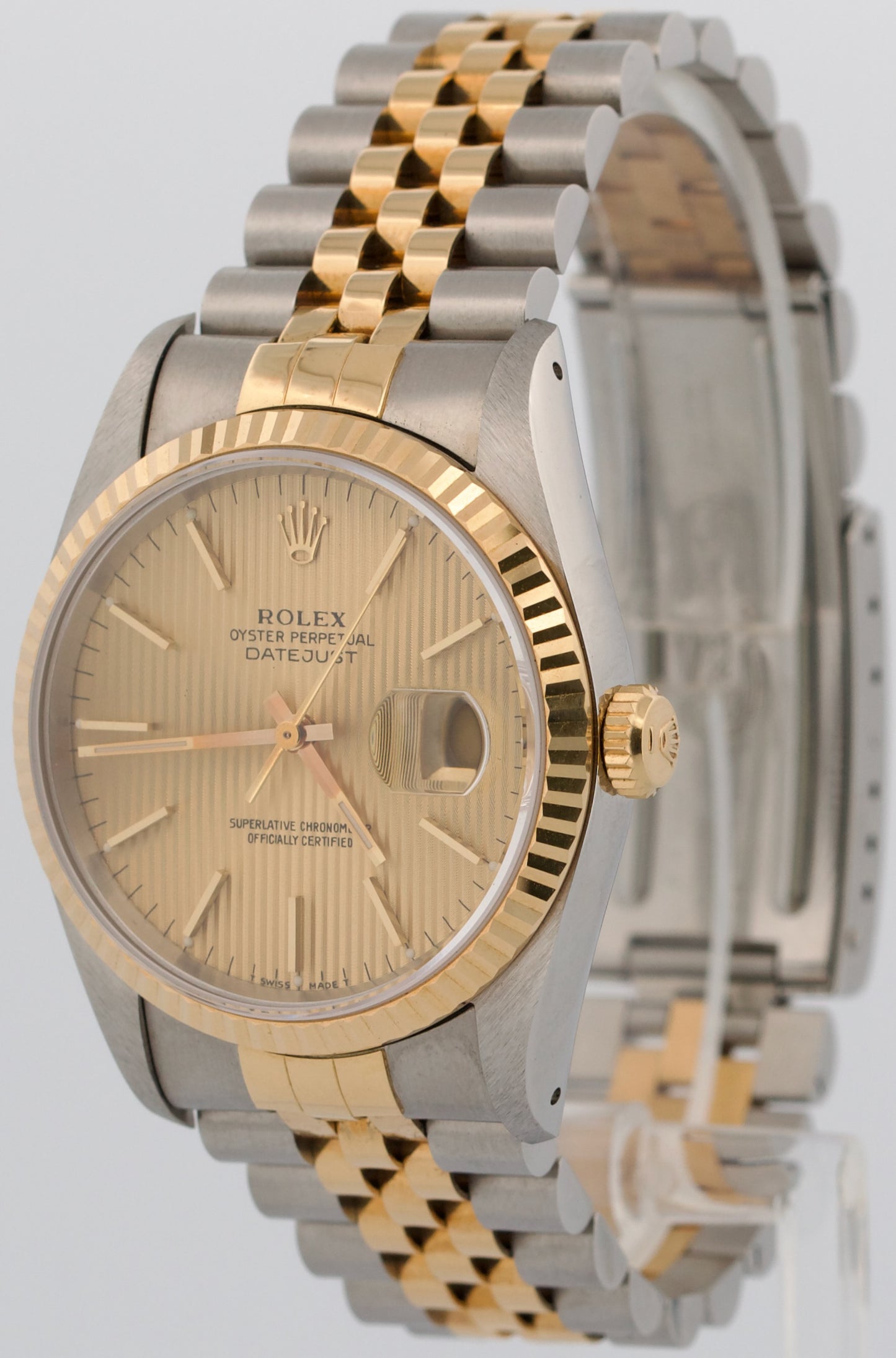 NOS 1993 PAPERS Rolex DateJust 36mm CHAMPAGNE TAPESTRY JUBILEE 18K 16233 BOX