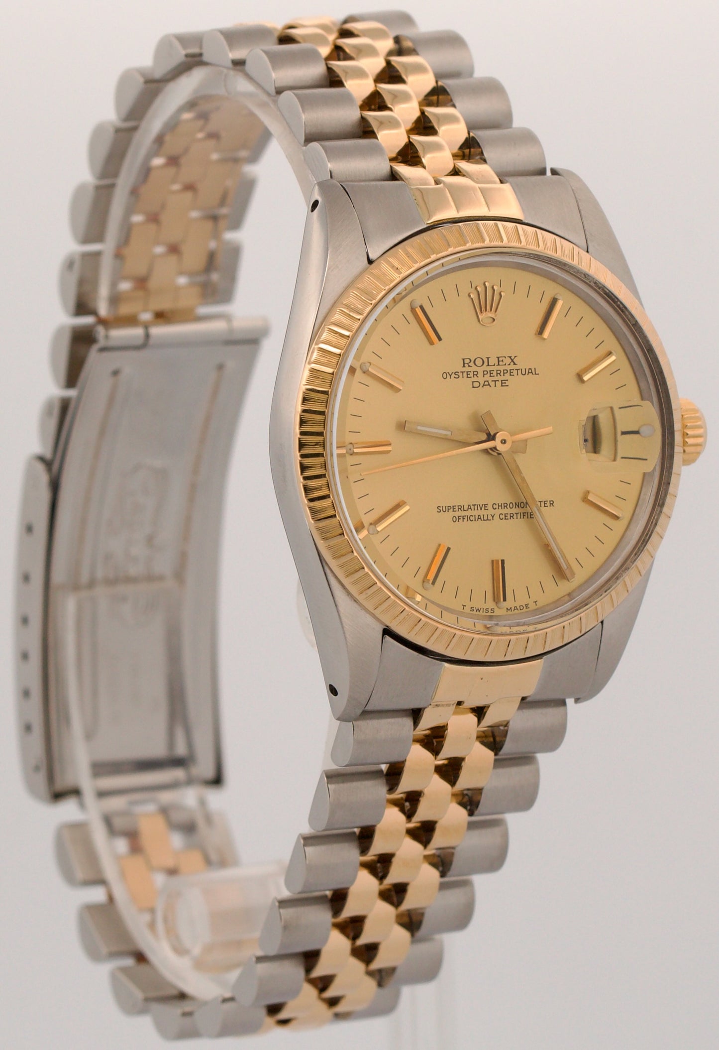 Rolex Oyster Perpetual Date CHAMPAGNE 14K Gold Engine-Turned JUBILEE 34mm 15053