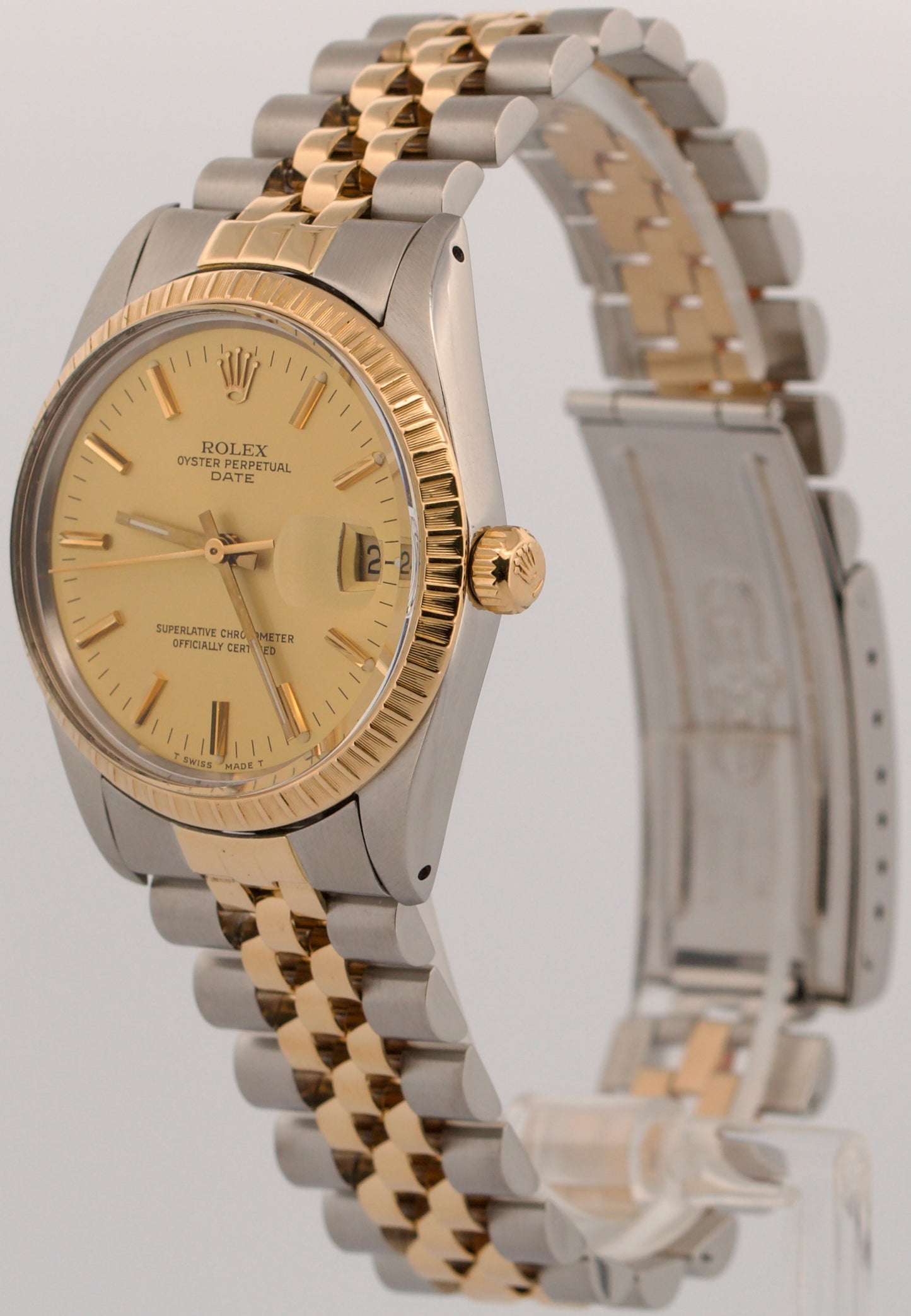 Rolex Oyster Perpetual Date CHAMPAGNE 14K Gold Engine-Turned JUBILEE 34mm 15053