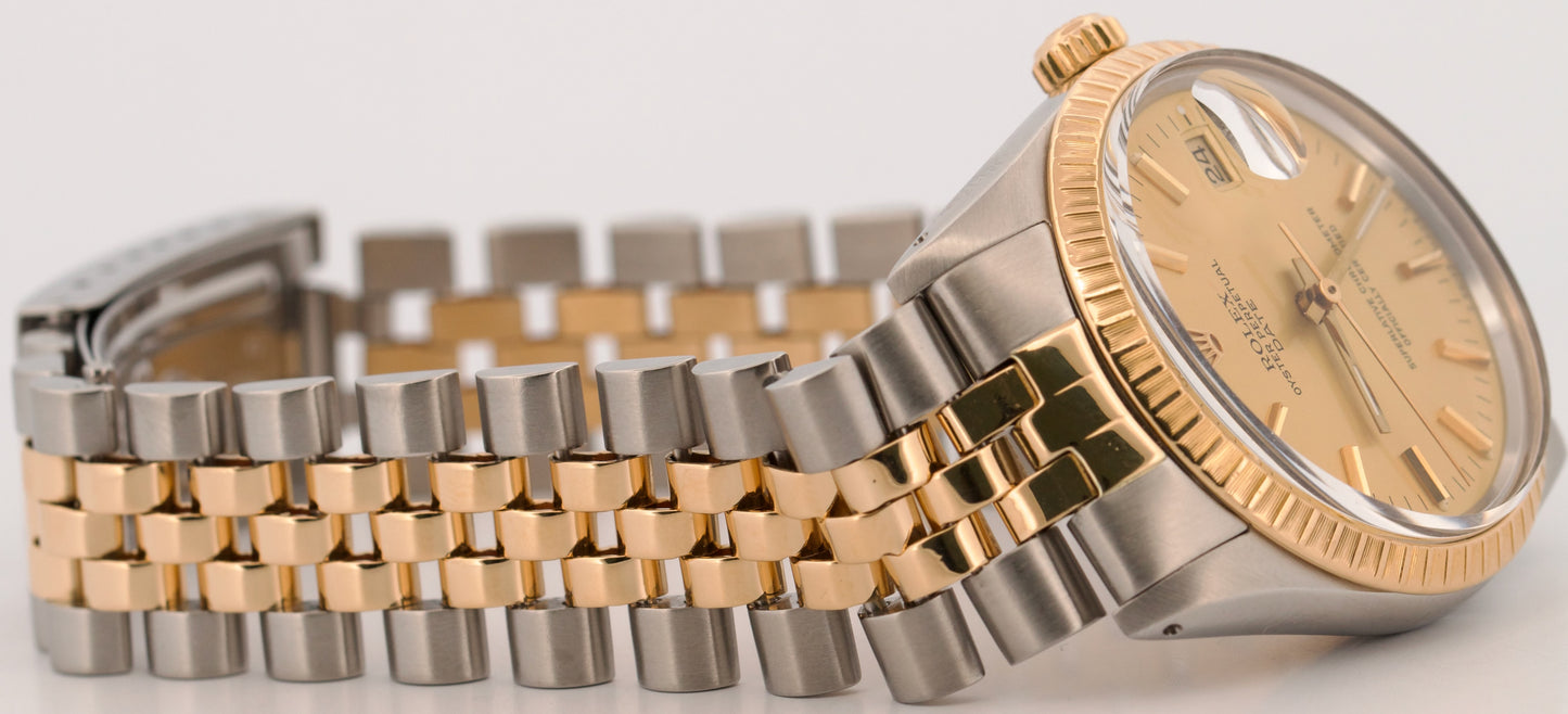 Rolex Oyster Perpetual Date CHAMPAGNE 14K Gold Engine-Turned JUBILEE 34mm 15053
