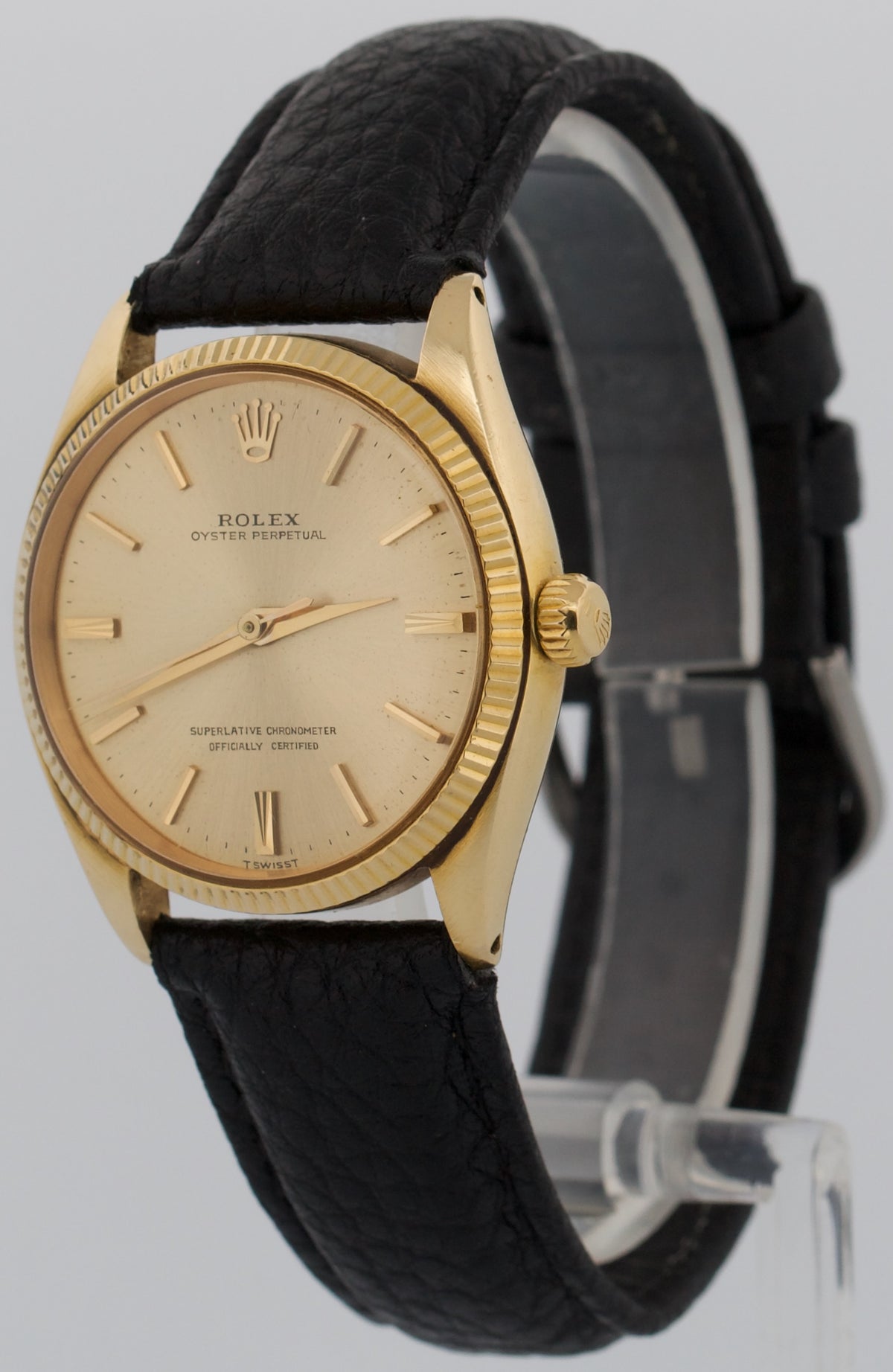 1964 Rolex Oyster Perpetual 1005 34mm Champagne 14K Yellow Gold Fluted Watch