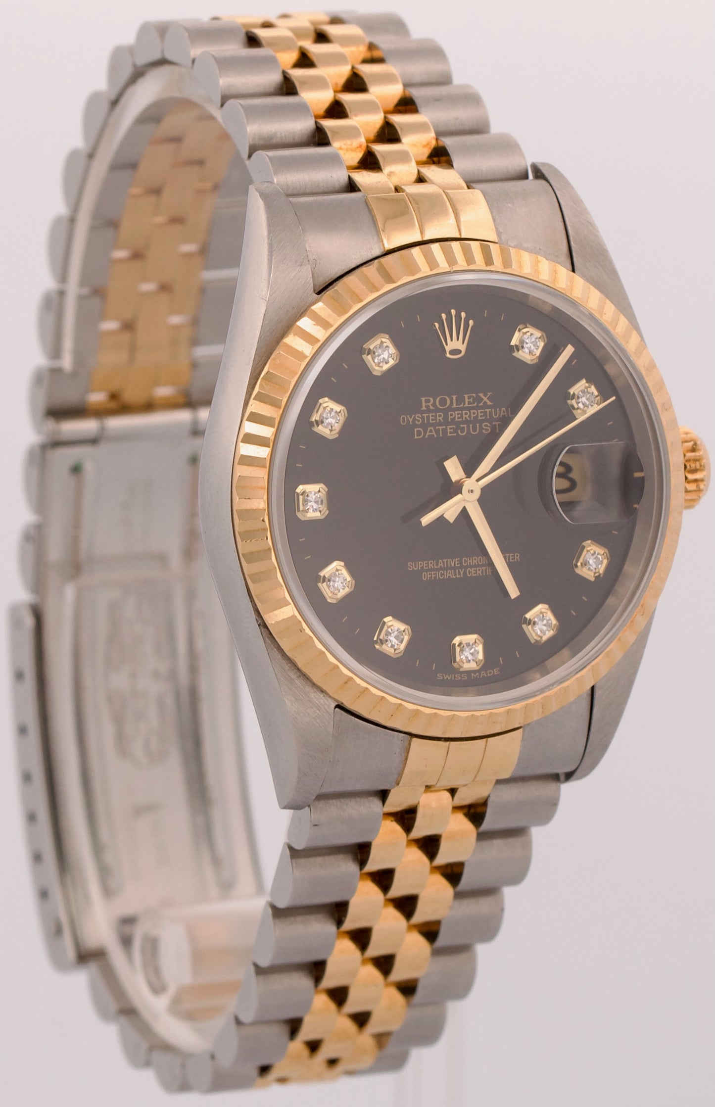 UNPOLISHED Rolex DateJust 36mm FACTORY BLACK DIAMOND Steel JUBILEE 18K 16233 BOX