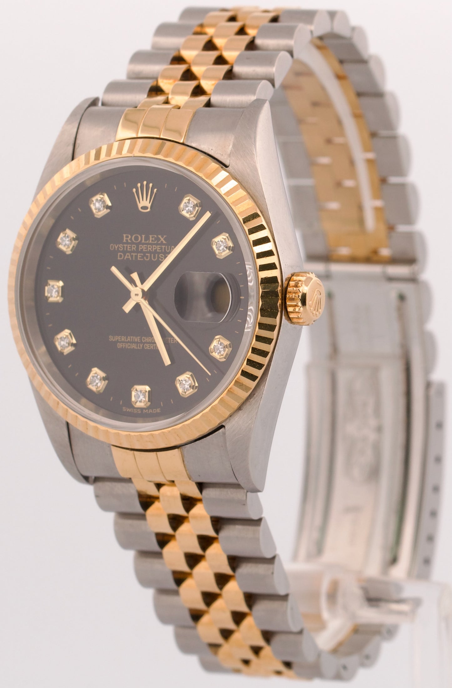 UNPOLISHED Rolex DateJust 36mm FACTORY BLACK DIAMOND Steel JUBILEE 18K 16233 BOX