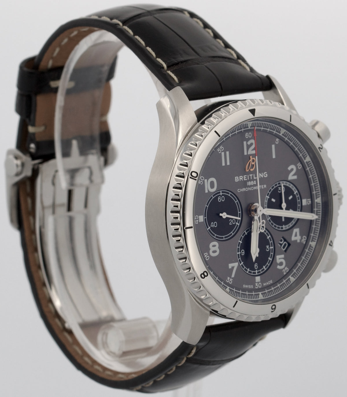 Breitling Aviator AB0119 B01 Chronograph Rhodium Leather Steel 43mm Box Papers