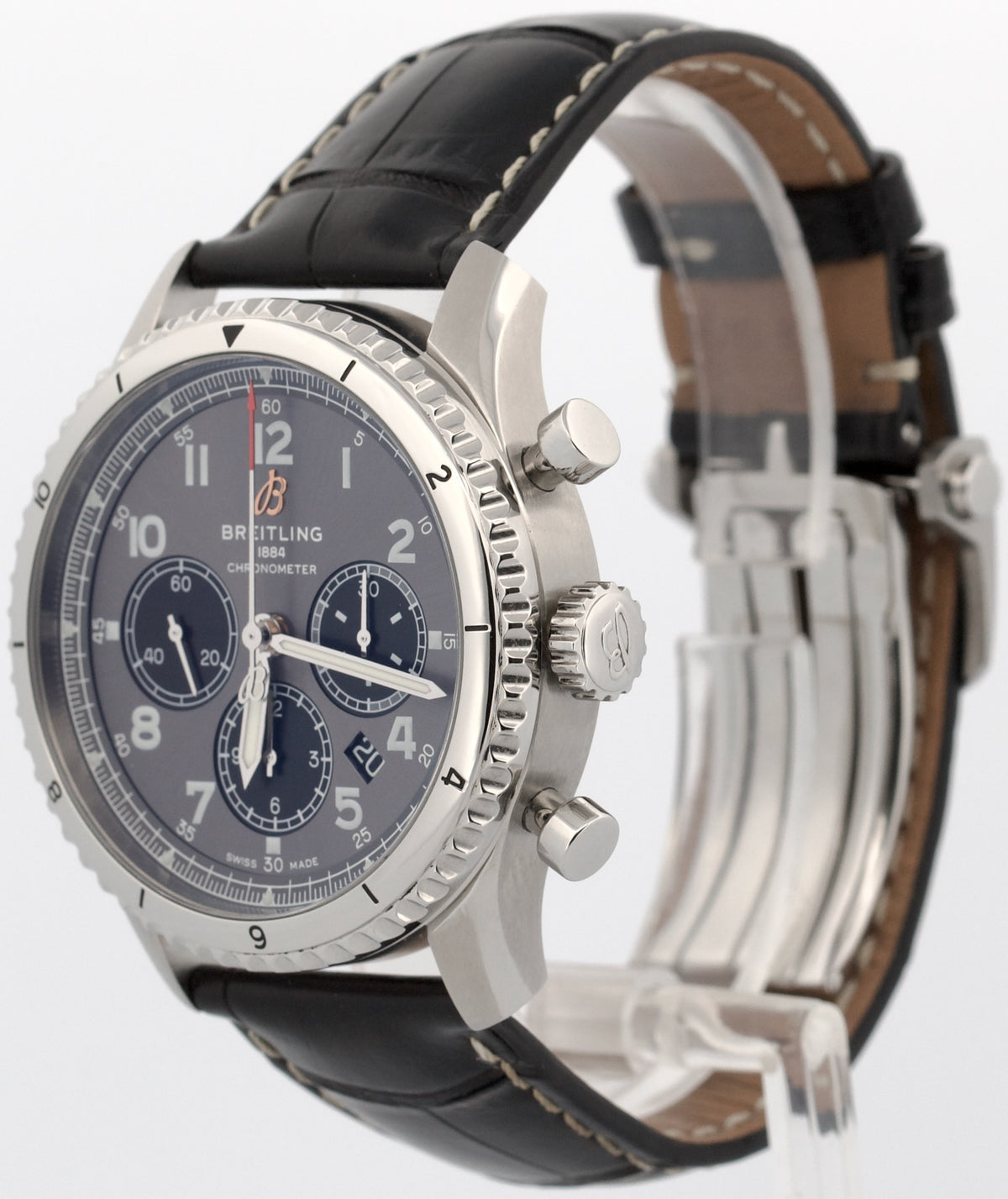 Breitling Aviator AB0119 B01 Chronograph Rhodium Leather Steel 43mm Box Papers
