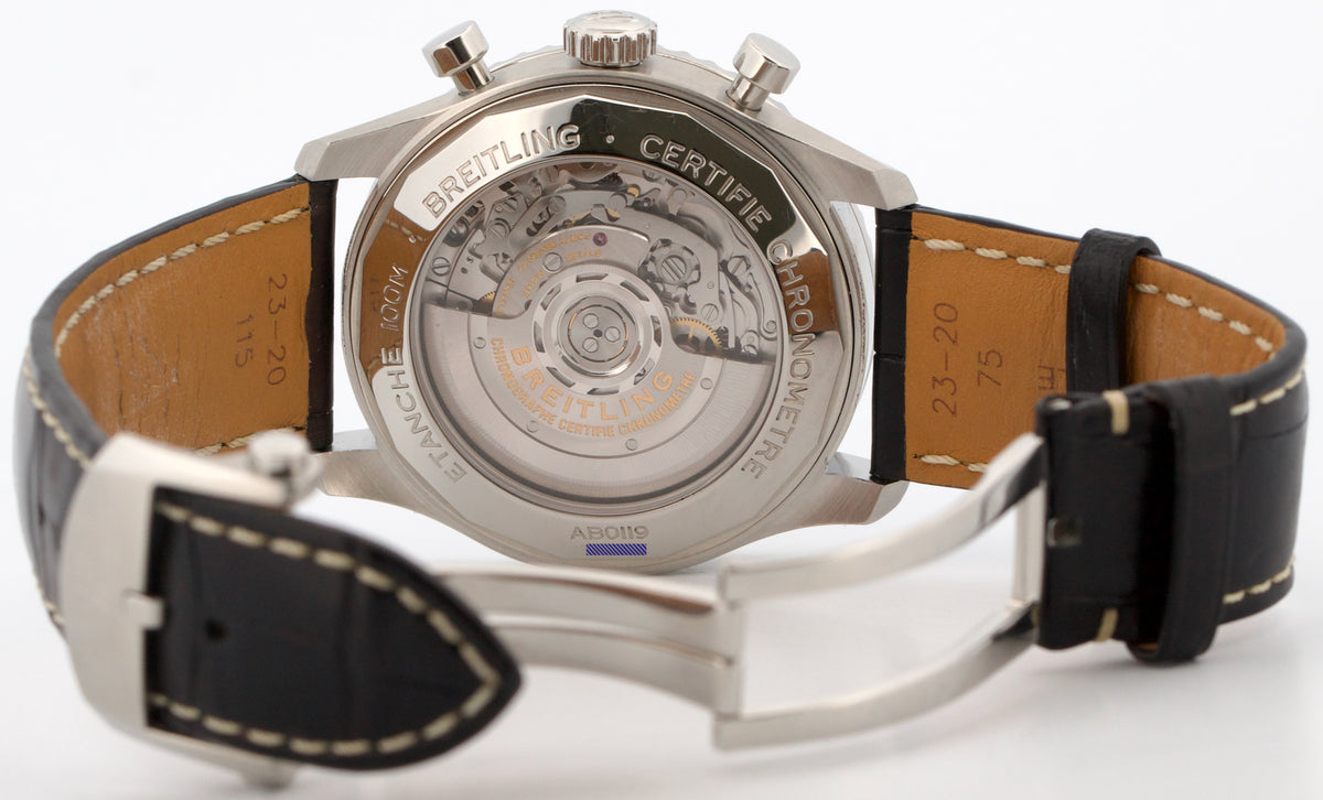 Breitling Aviator AB0119 B01 Chronograph Rhodium Leather Steel 43mm Box Papers