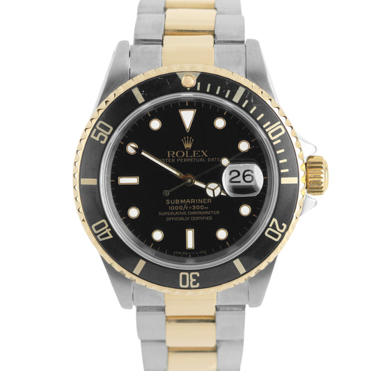 Rolex Submariner Date PAPERS Two-Tone 18k Gold Steel Black 40mm 16613 Watch BOX