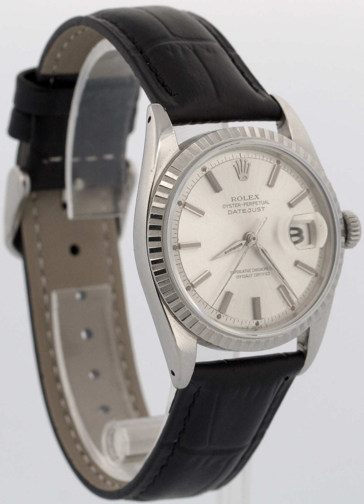 Unpolished 1964 Rolex DateJust 1603 Silver Alpha Hands Engine-Turned 36mm Watch