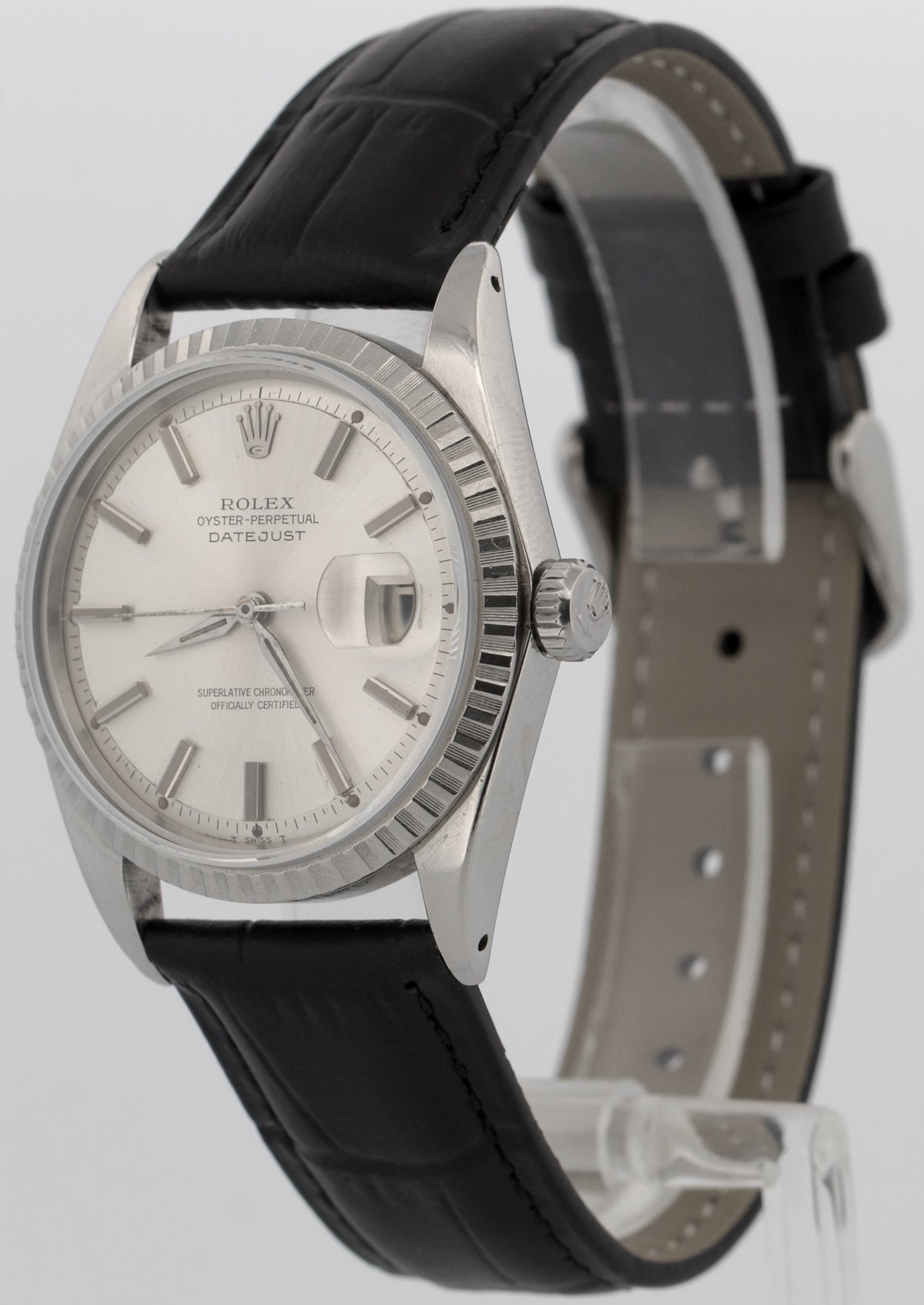 Unpolished 1964 Rolex DateJust 1603 Silver Alpha Hands Engine-Turned 36mm Watch