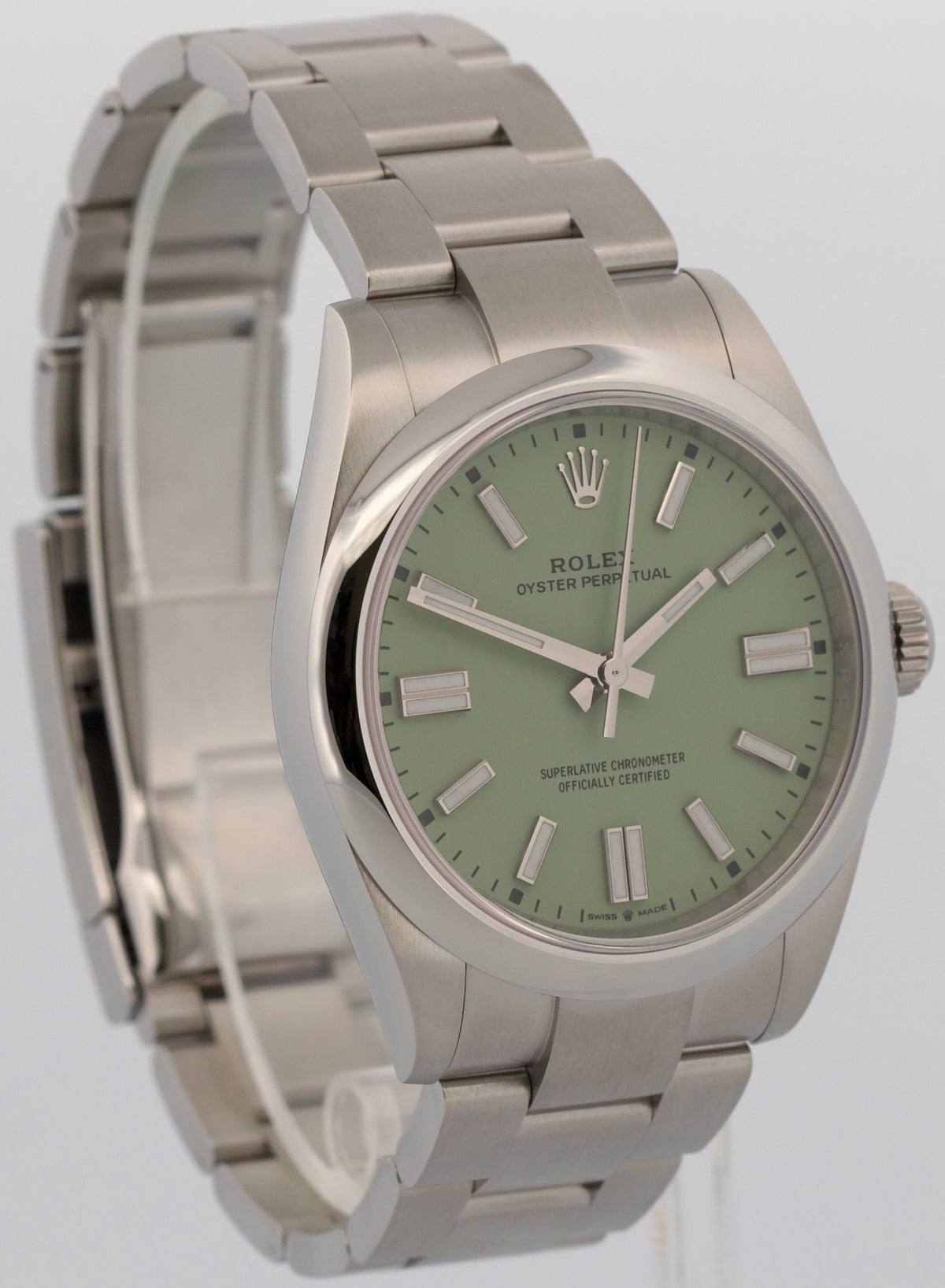 New 2026 Rolex Oyster Perpetual 134300 Pistachio Green Steel 41mm Box Papers