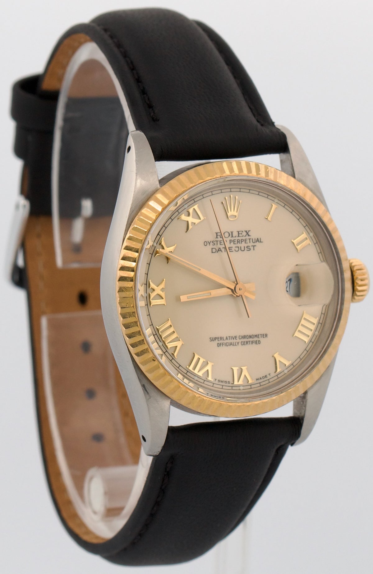 1987 Rolex DateJust 16013 Ivory Roman 18K Gold Steel Fluted Leather 36mm Watch