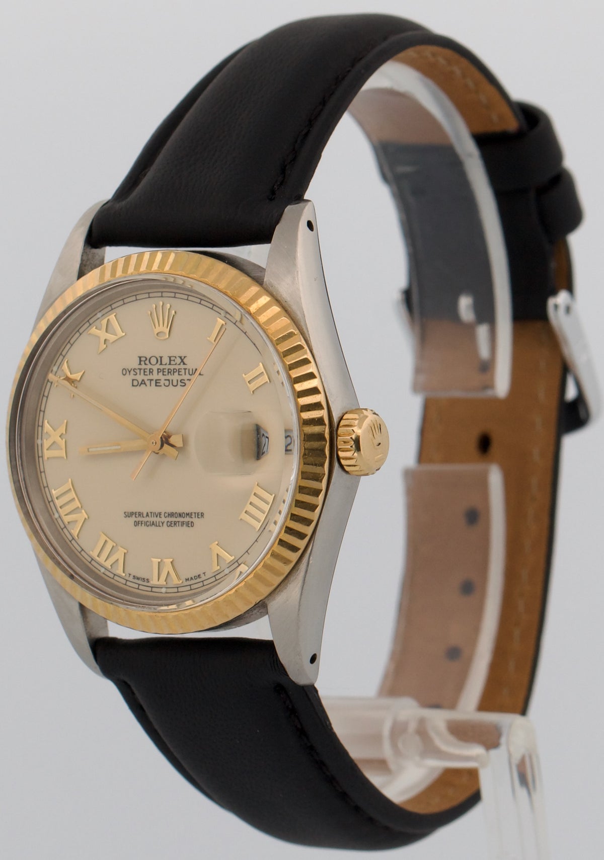 1987 Rolex DateJust 16013 Ivory Roman 18K Gold Steel Fluted Leather 36mm Watch