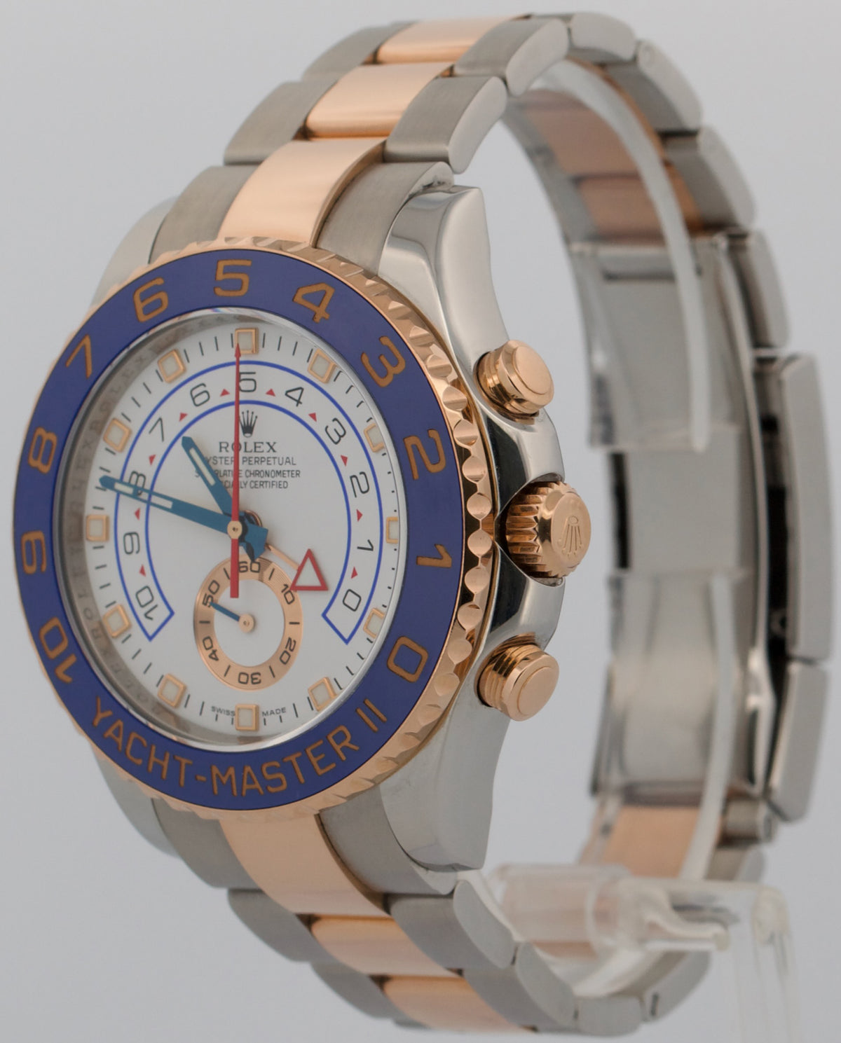 Rolex Yacht-Master II 116681 White Blue Steel 18K Rose Gold 44mm Box Papers