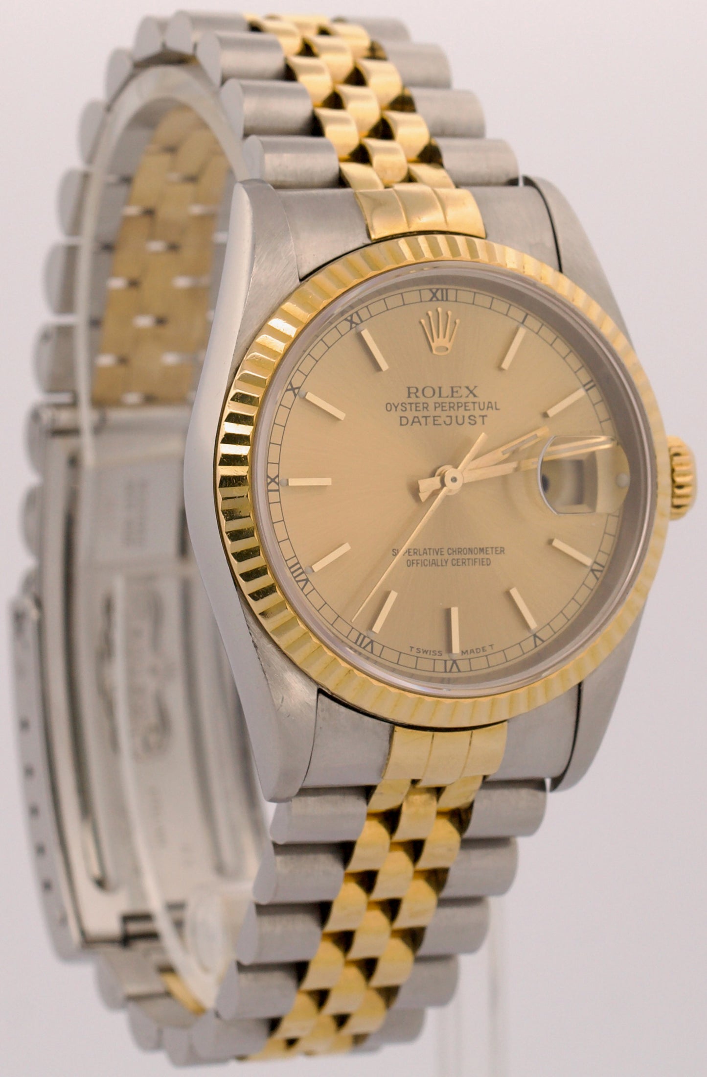 1996 PAPERS Rolex DateJust 36mm CHAMPAGNE No-Holes Steel JUBILEE 18K 16233 BOX