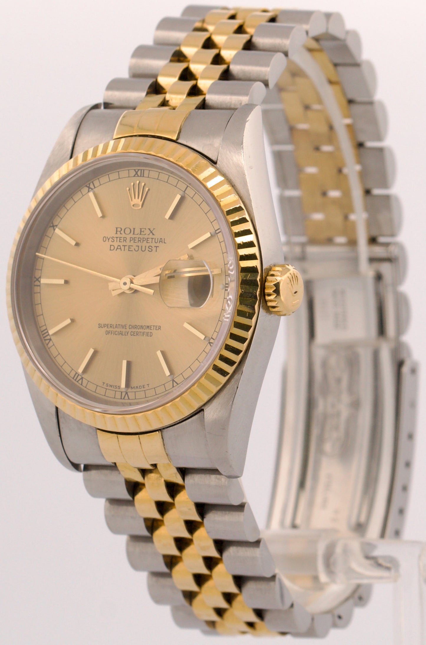 1996 PAPERS Rolex DateJust 36mm CHAMPAGNE No-Holes Steel JUBILEE 18K 16233 BOX