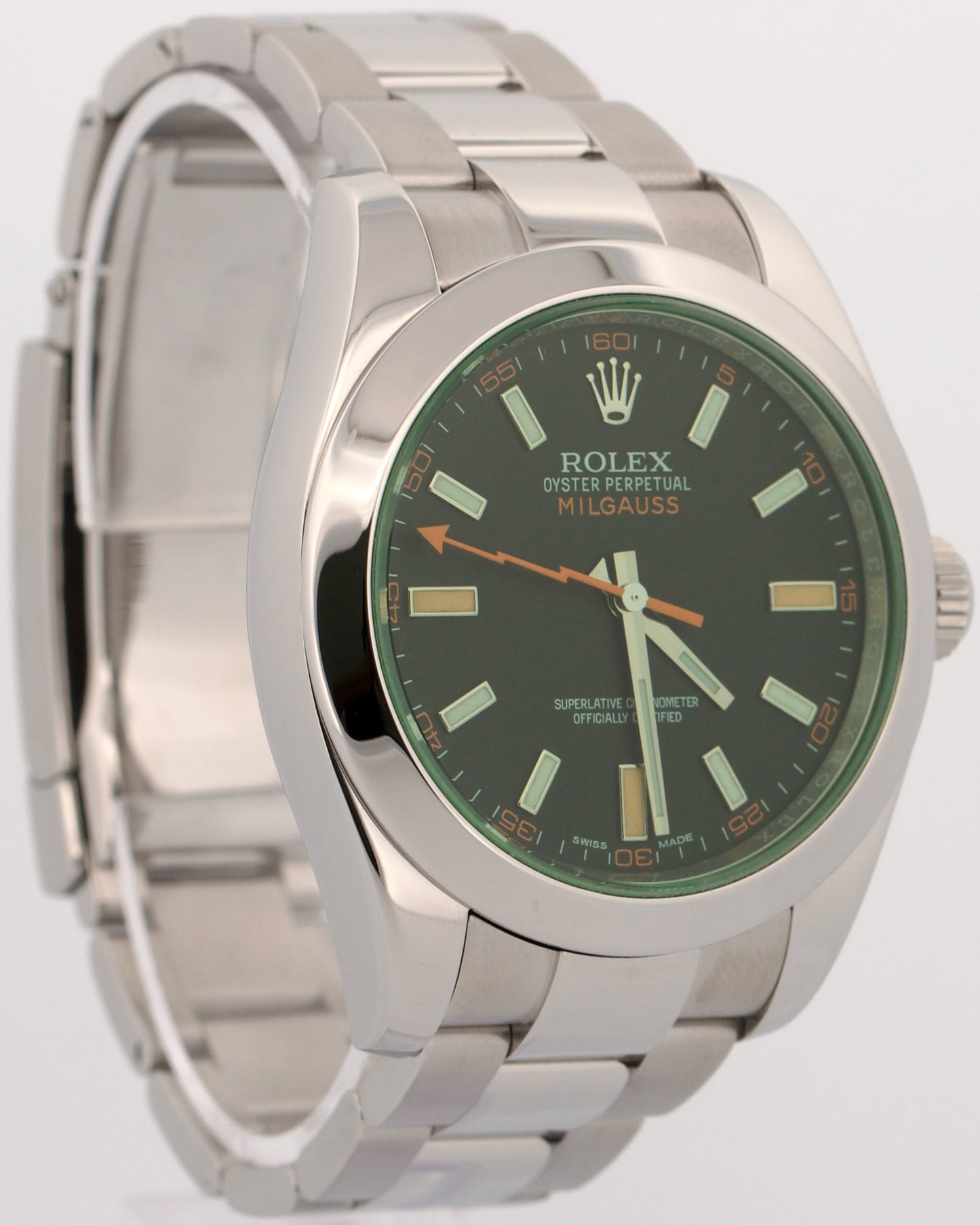 Rolex Milgauss BLACK Orange Steel Green Crystal 40mm Smooth Oyster 116400 GV
