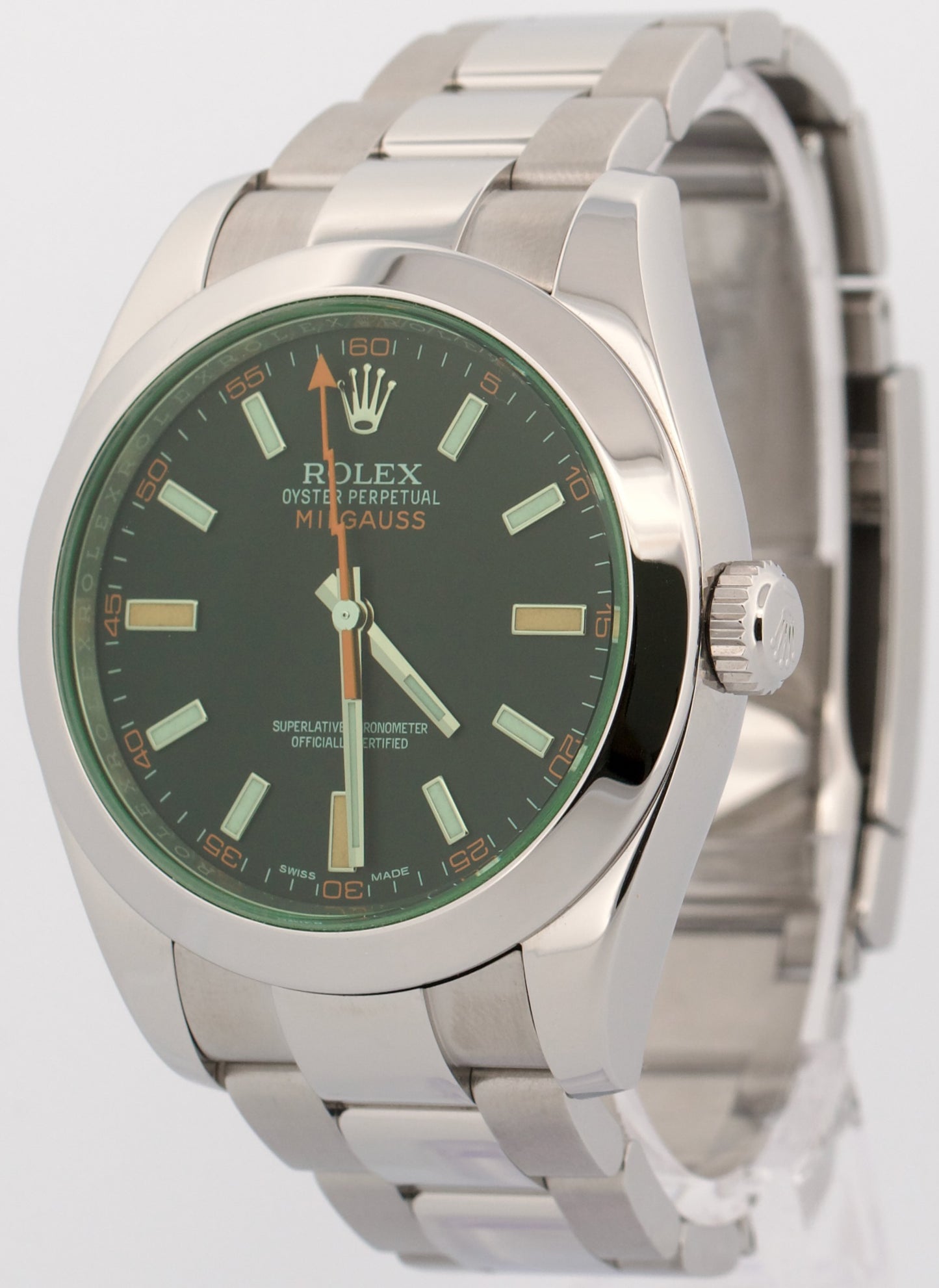 Rolex Milgauss BLACK Orange Steel Green Crystal 40mm Smooth Oyster 116400 GV