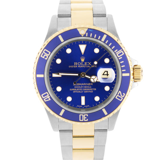 Rolex Submariner Date NO HOLES Two-Tone 18K Blue 40mm GOLD BUCKLE 16613 Watch