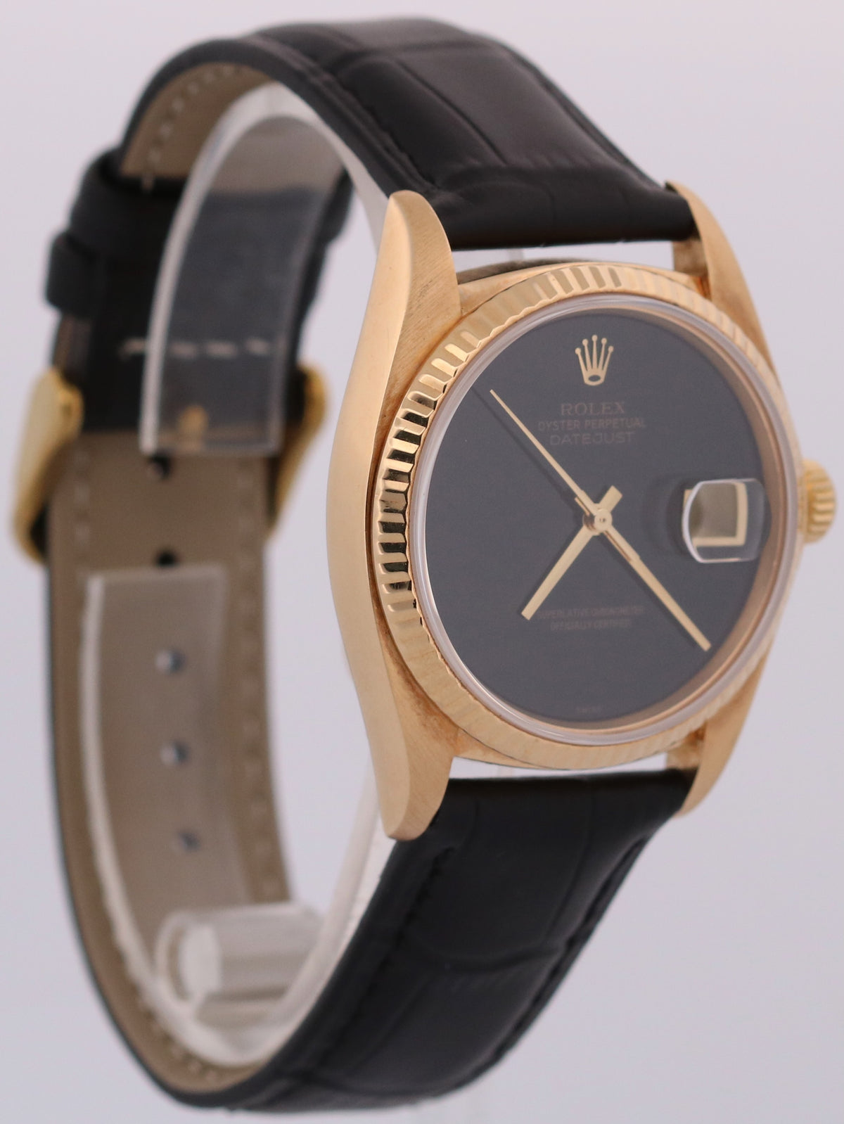 1983 Rolex DateJust 16018 36mm Factory Black Onyx 18K Gold Watch Box Papers
