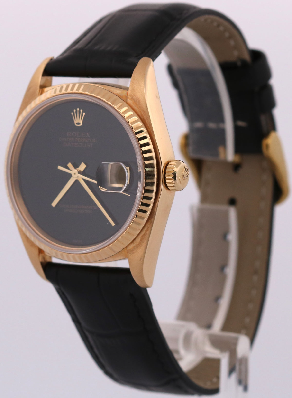 1983 Rolex DateJust 16018 36mm Factory Black Onyx 18K Gold Watch Box Papers