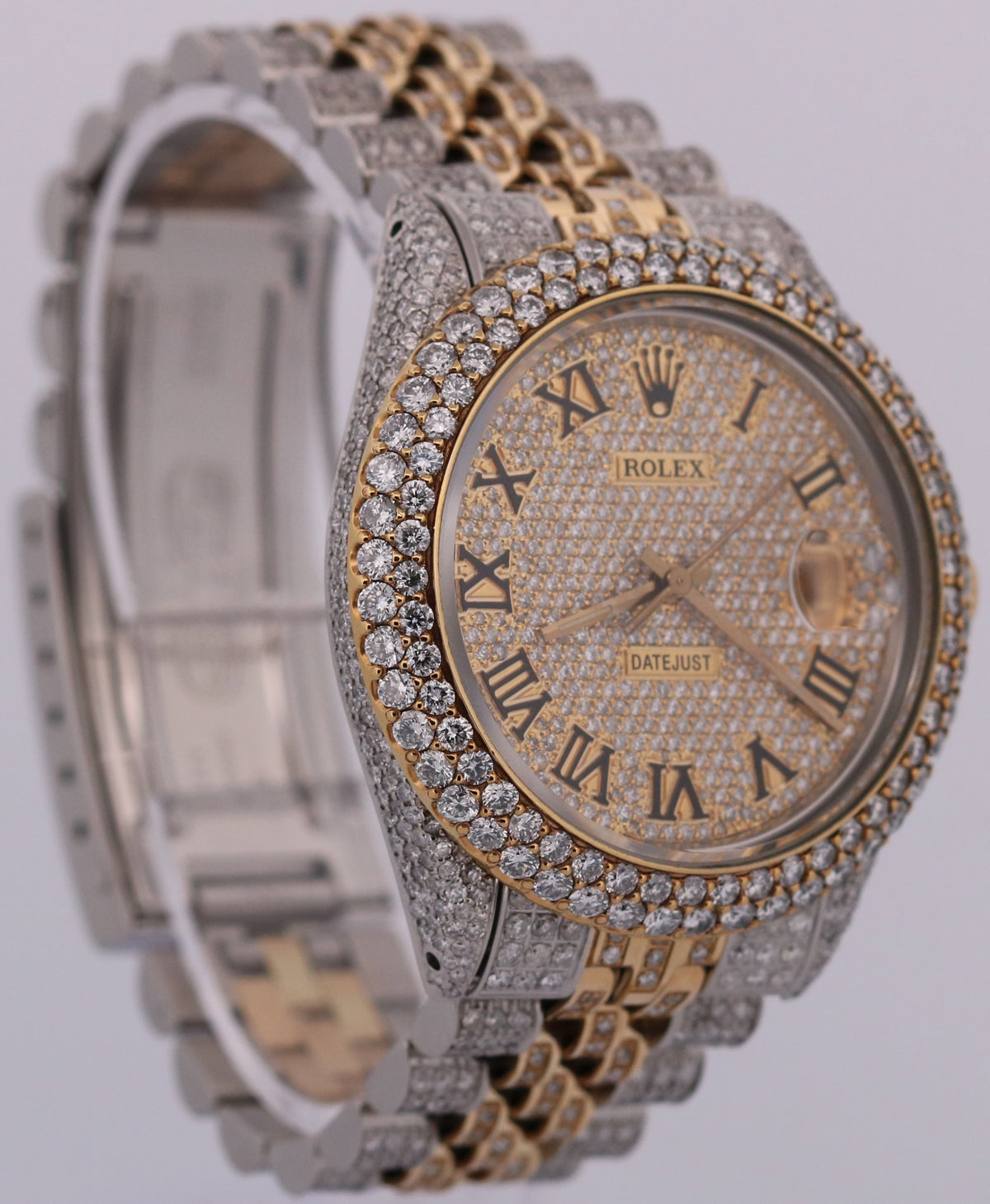 1987 Rolex DateJust 16013 Pave Roman Diamond 36mm 18K Gold Steel Jubilee Watch
