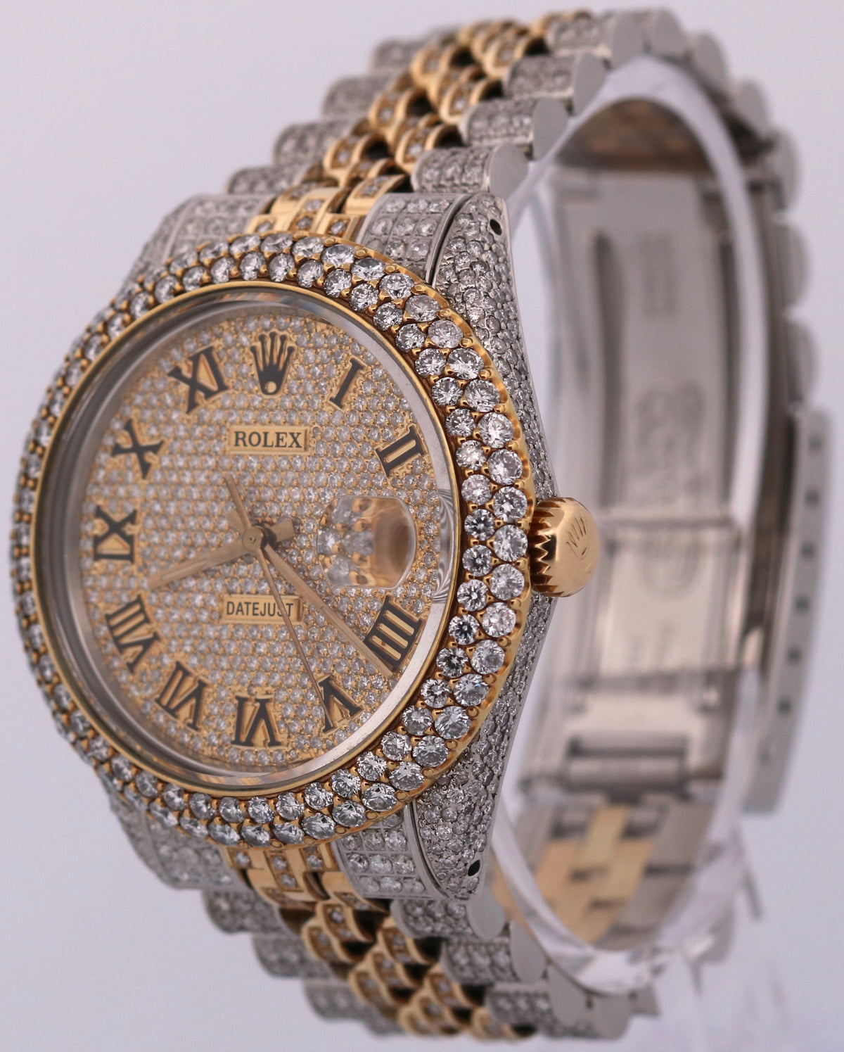 1987 Rolex DateJust 16013 Pave Roman Diamond 36mm 18K Gold Steel Jubilee Watch