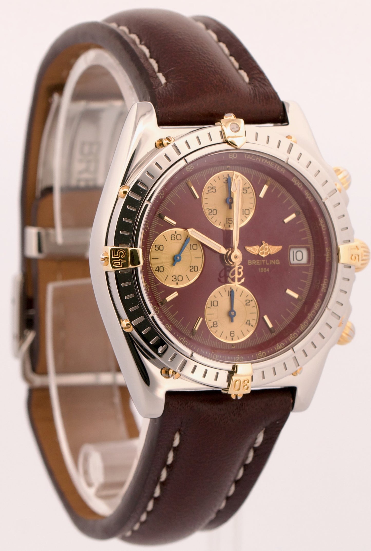 Breitling Chronomat BURGUNDY Red Two-Tone Gold Steel Leather 39mm B130501 Watch