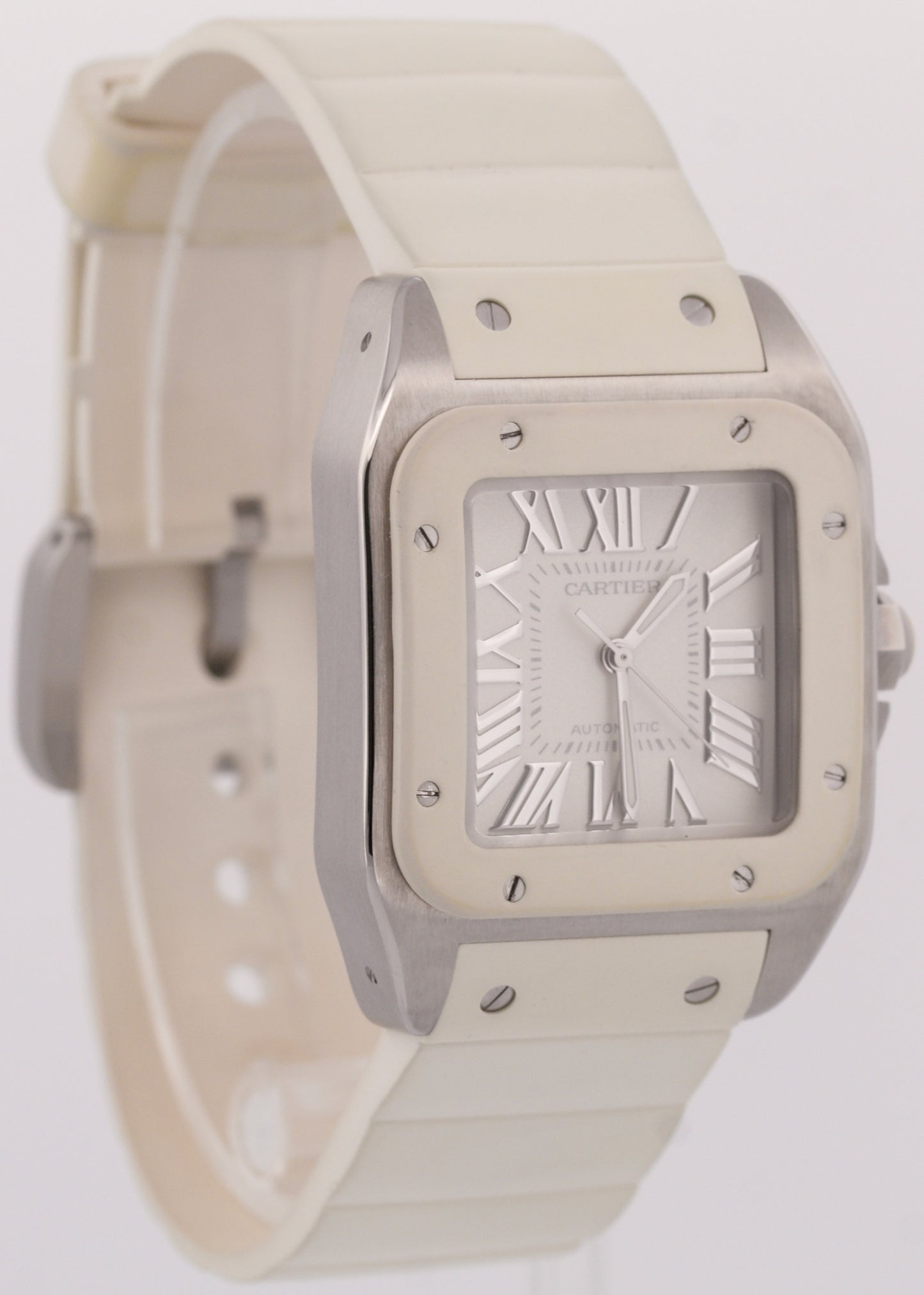 Cartier Santos 100 33mm IVORY Stainless Steel WHITE Rubber 2878 W20122U2 BOX
