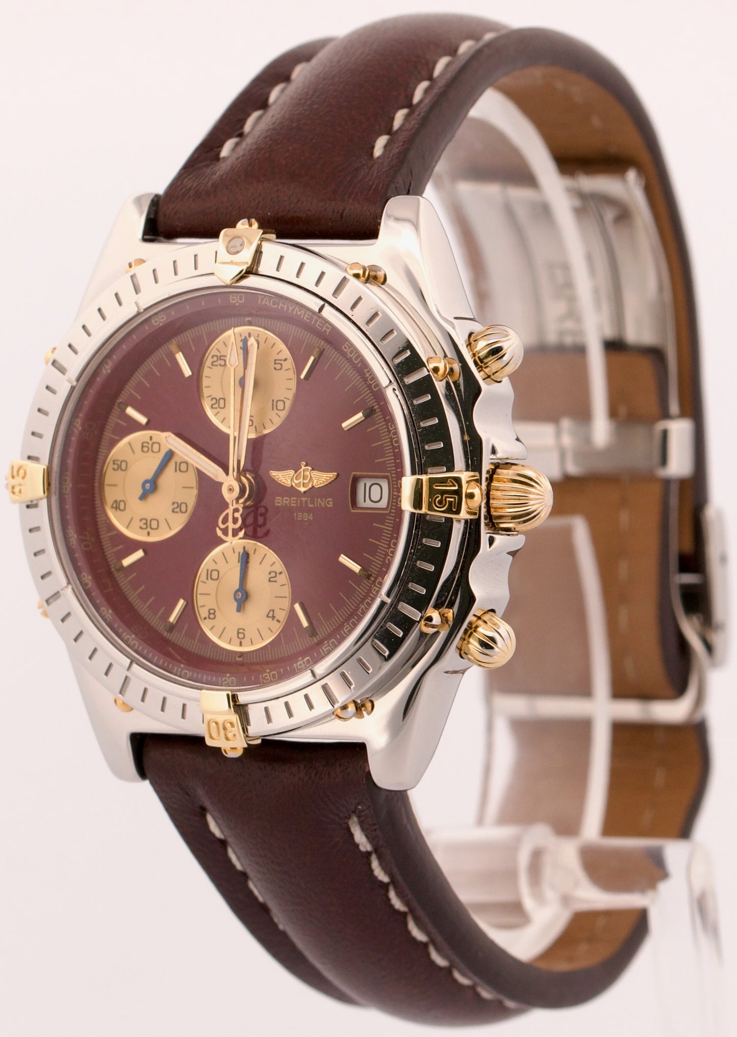 Breitling Chronomat BURGUNDY Red Two-Tone Gold Steel Leather 39mm B130501 Watch