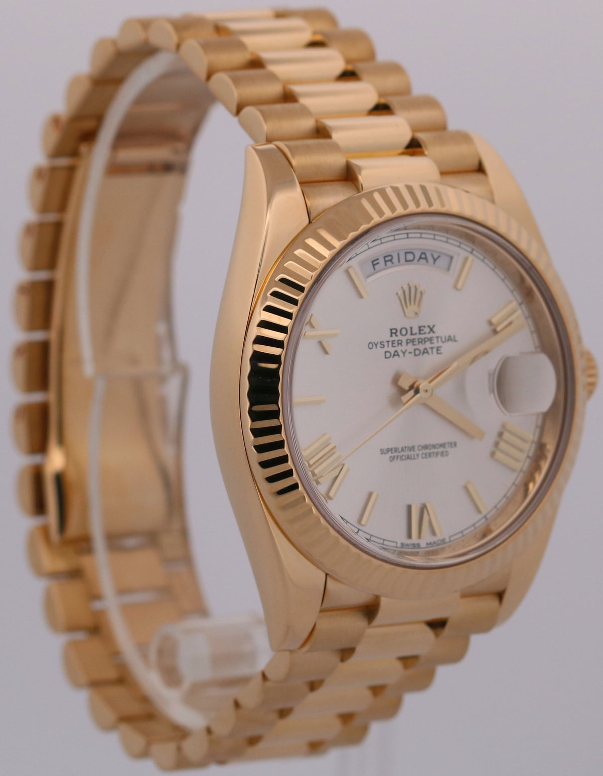 Rolex Day-Date President 228238 Silver Roman 18K Yellow Gold 40mm Box Papers