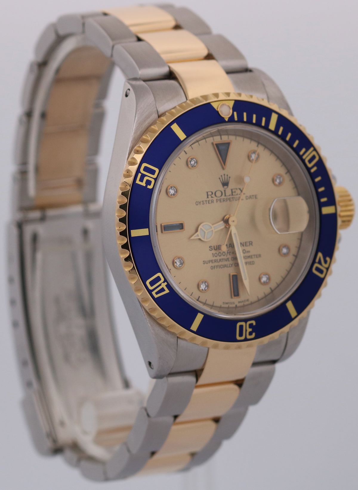 2000 Rolex Submariner Date 16613 Serti Champagne Blue 18K Steel 40mm Box Papers