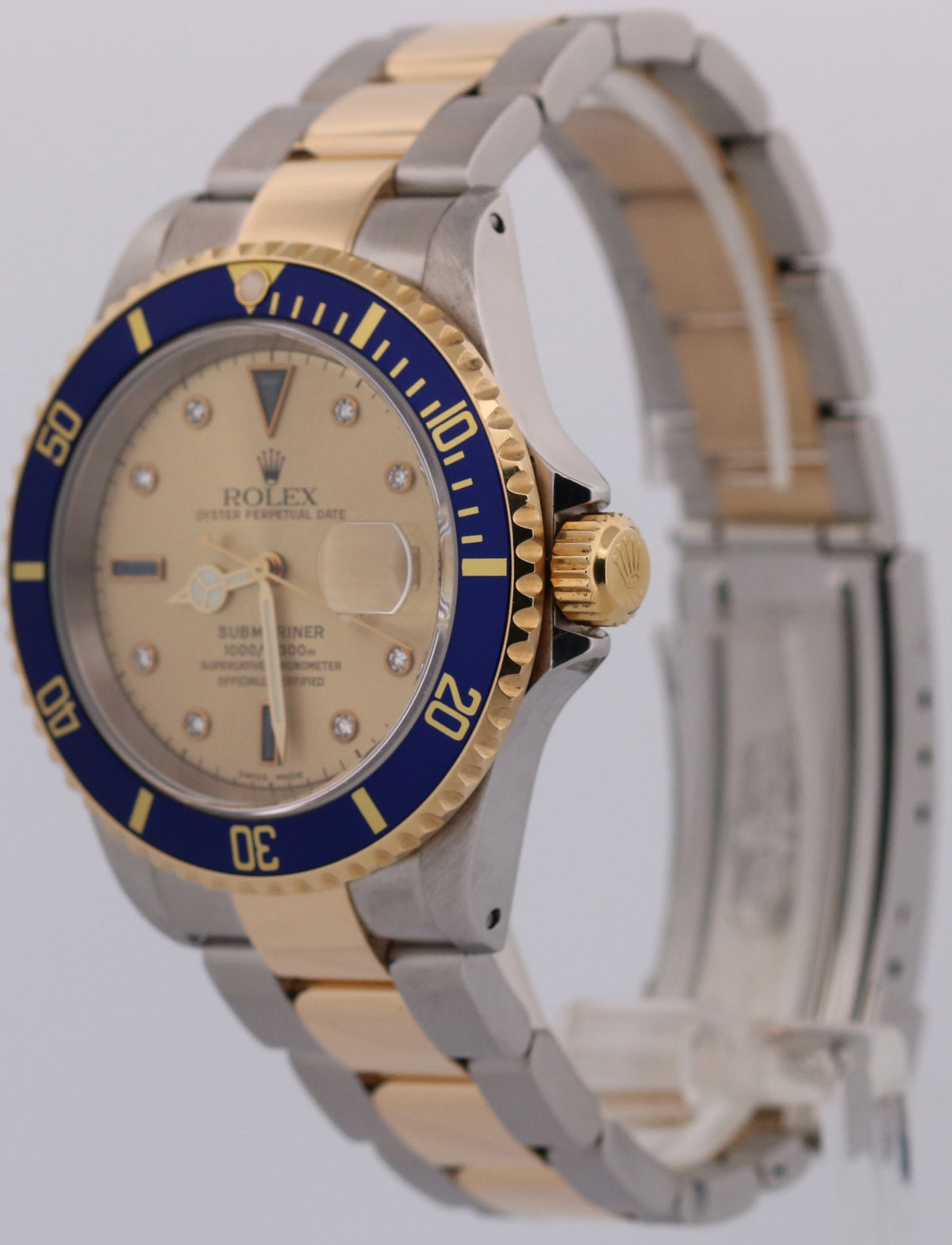 2000 Rolex Submariner Date 16613 Serti Champagne Blue 18K Steel 40mm Box Papers