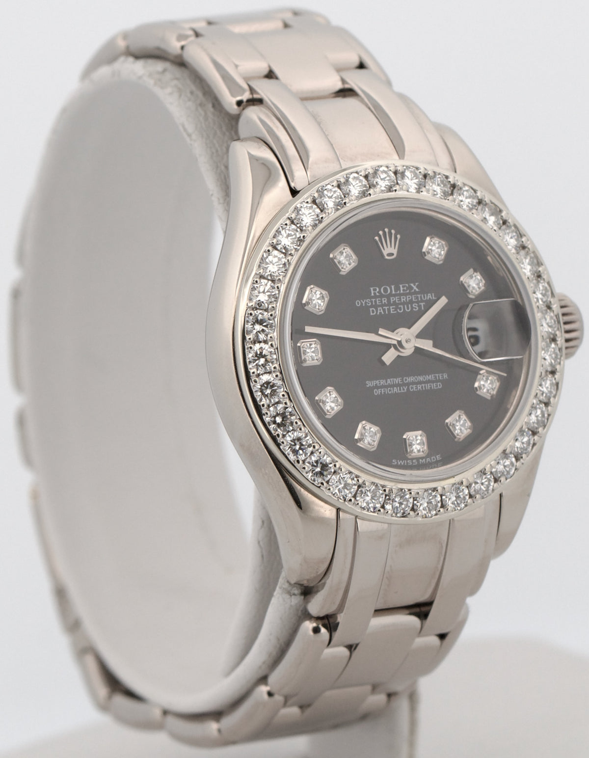 2000 Rolex DateJust Pearlmaster 80299 Black Diamond 18k White Gold 29mm Watch