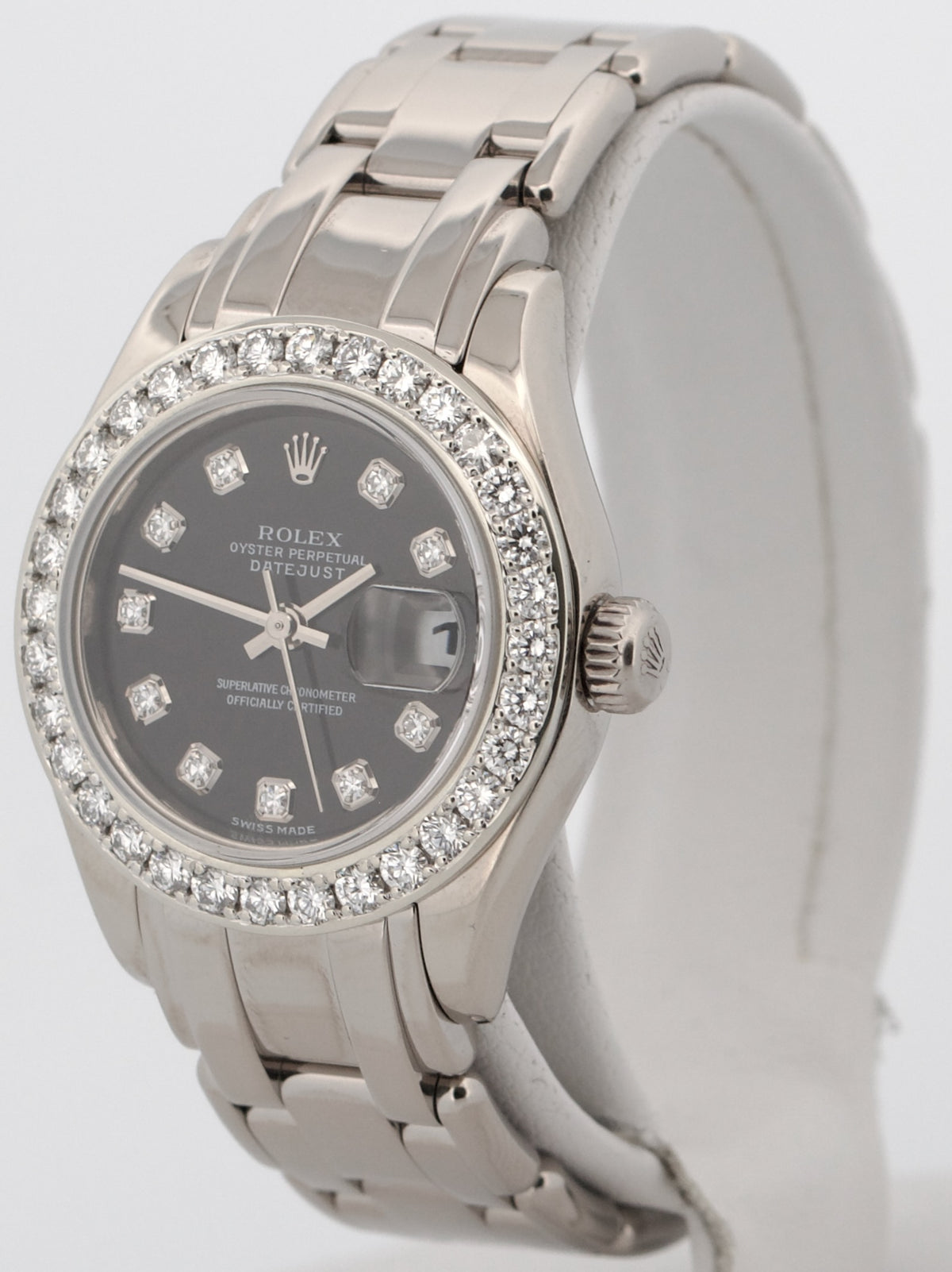 2000 Rolex DateJust Pearlmaster 80299 Black Diamond 18k White Gold 29mm Watch