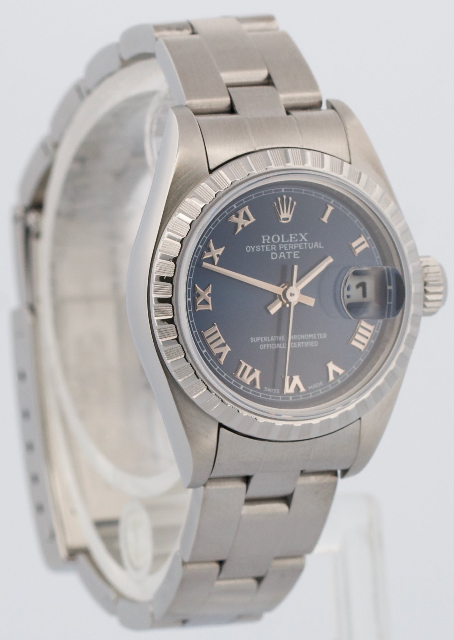 PAPERS Ladies Rolex DateJust BLUE ROMAN 26mm Engine-Turned Steel 79240 Watch BOX