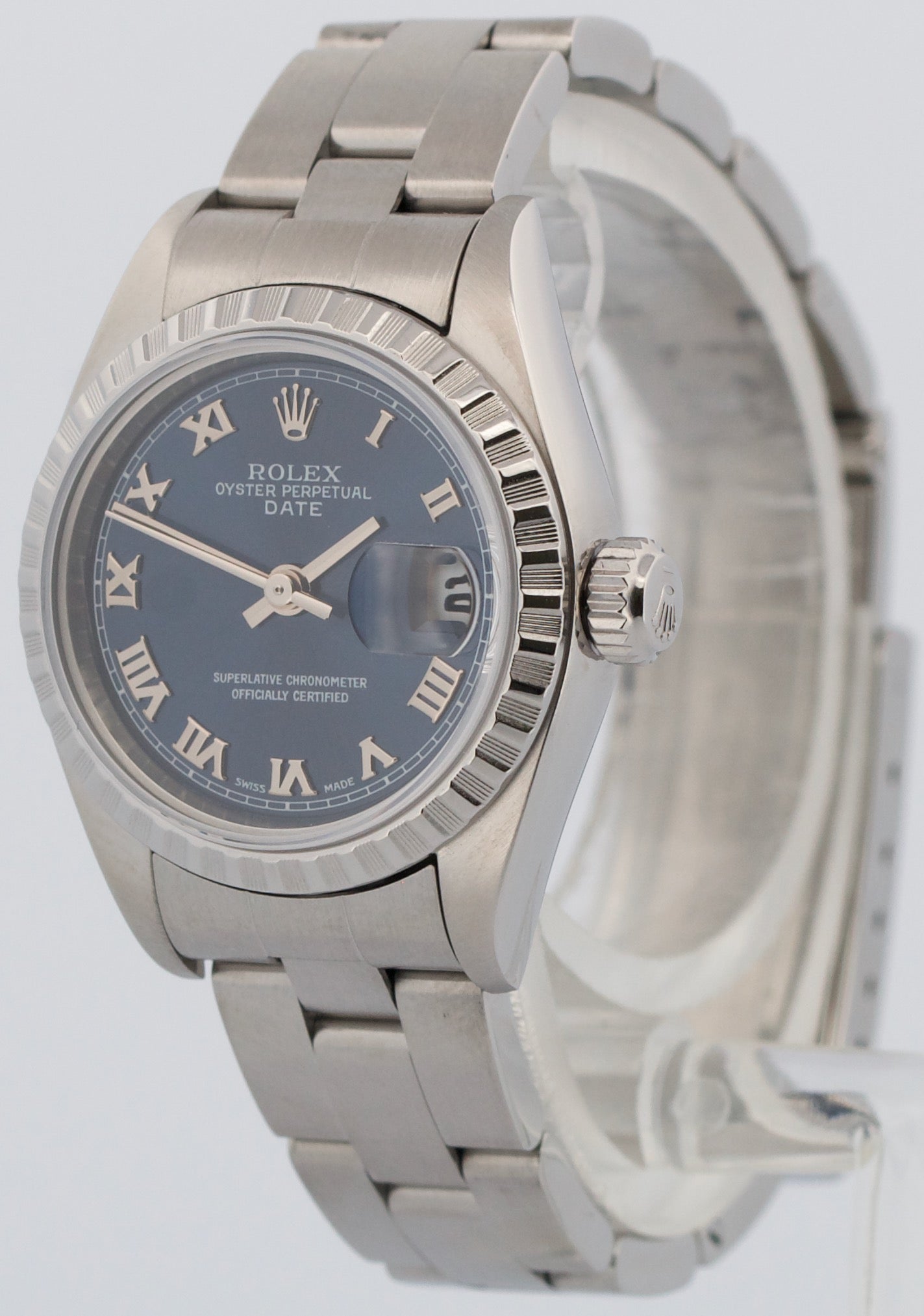 PAPERS Ladies Rolex DateJust BLUE ROMAN 26mm Engine-Turned Steel 79240 Watch BOX