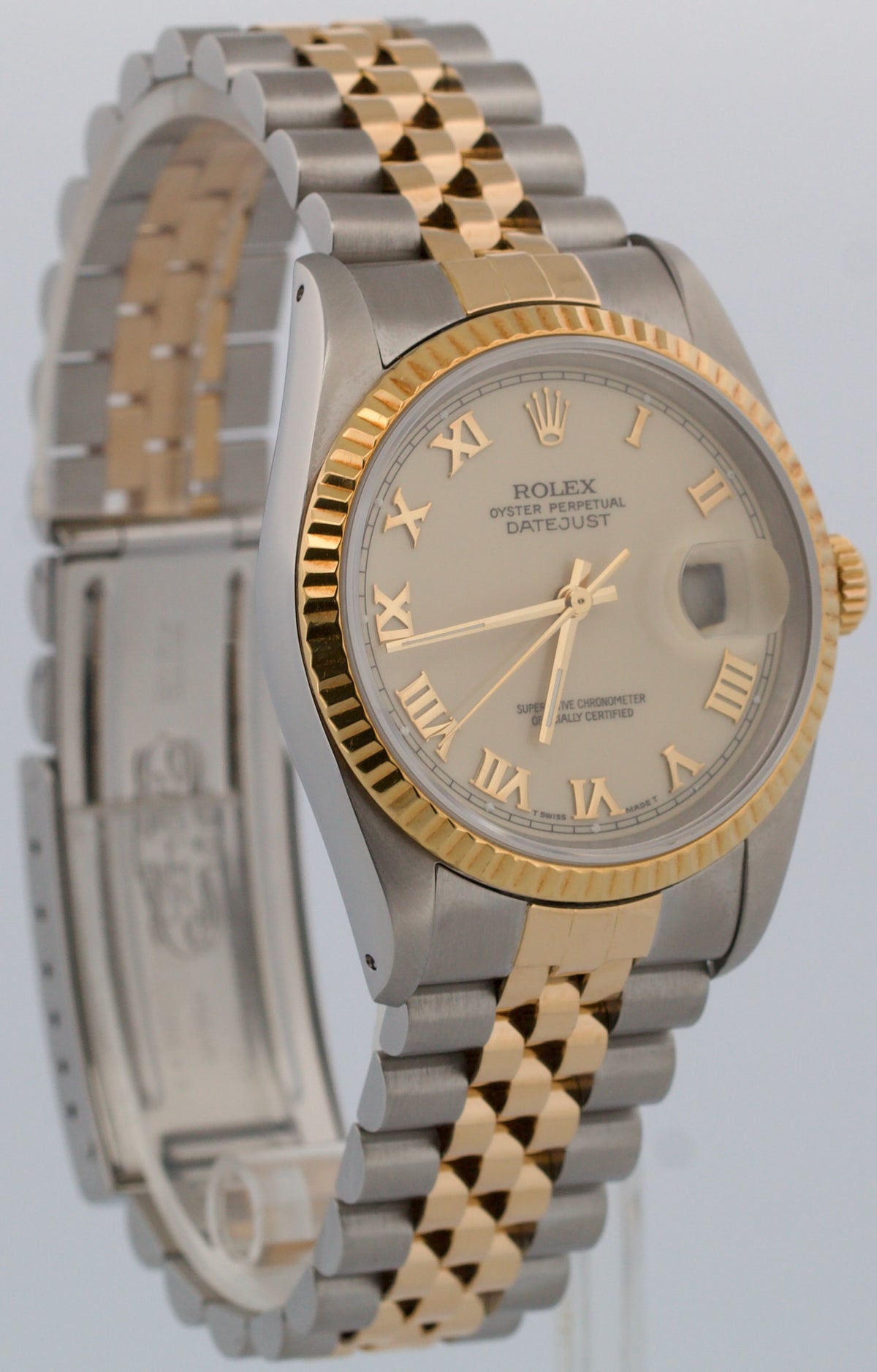Rolex DateJust 16233 Cream Roman 18K Yellow Gold Jubilee 36mm Watch Box Papers