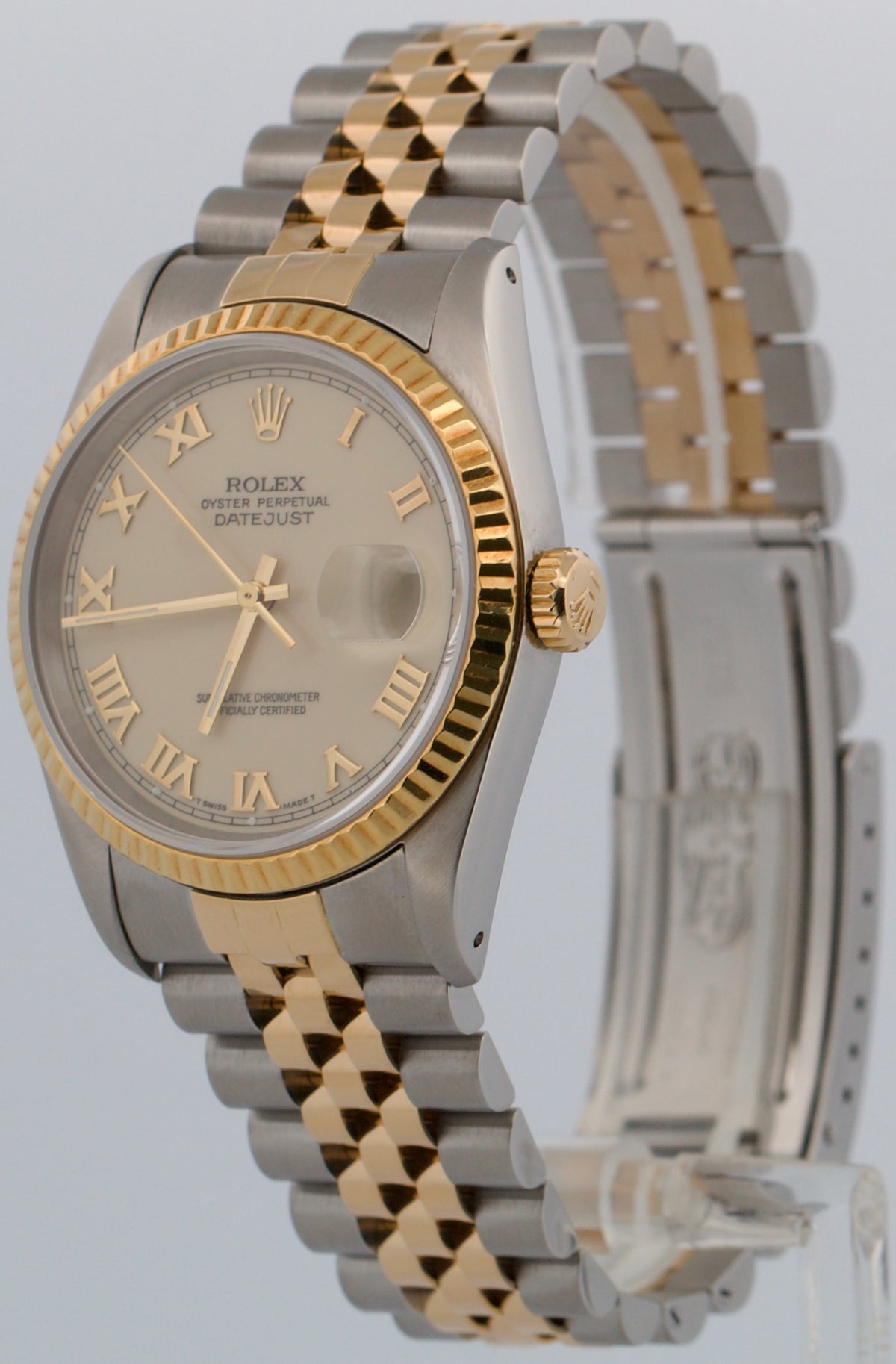 Rolex DateJust 16233 Cream Roman 18K Yellow Gold Jubilee 36mm Watch Box Papers