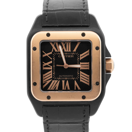 Cartier Santos 100 Two-Tone Rose Gold Black 42.6mm Steel 2656 Watch W2020009