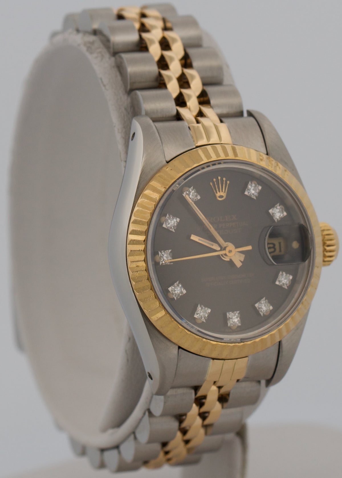1986 Ladies Rolex DateJust 69173 26mm Black Diamond 18K Gold Steel Jubilee Watch